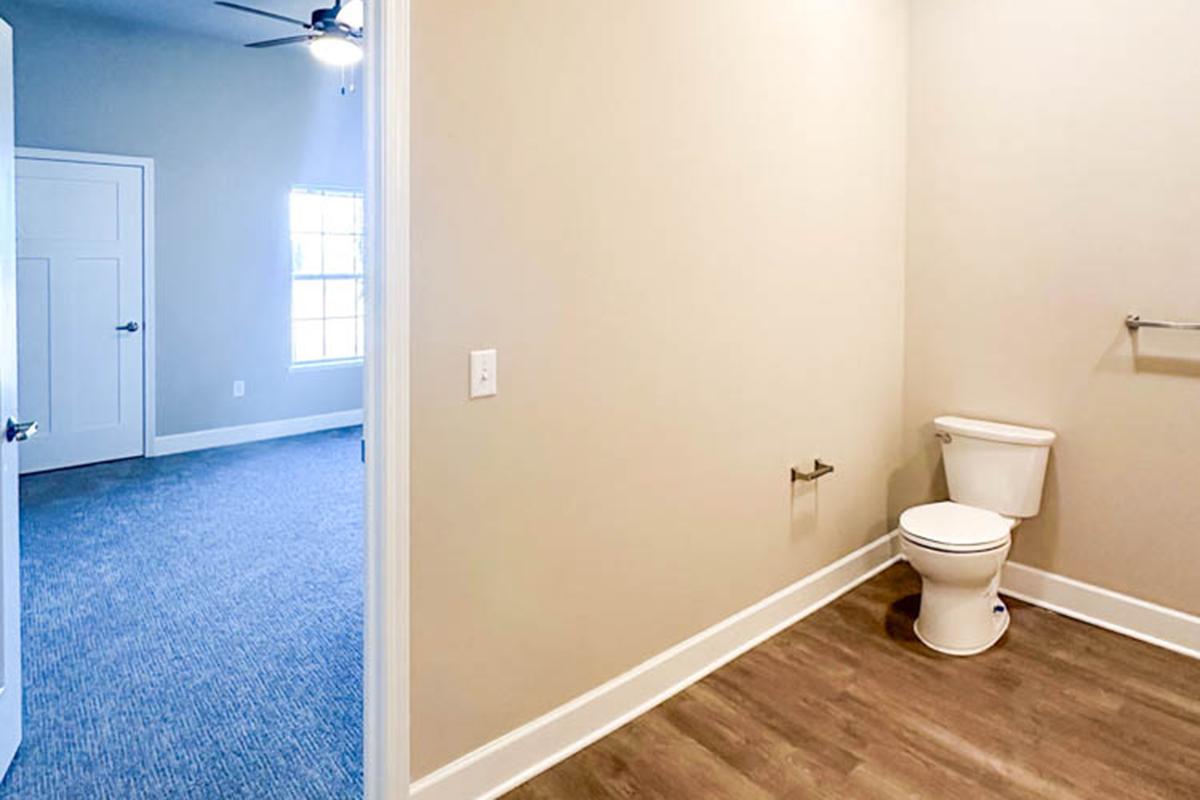 A view of a bathroom with a toilet and a doorway leading to another room. The walls are painted a light color, and the floor features wood-like tiles. Natural light is coming through a window in the adjacent room, which has carpeted flooring.