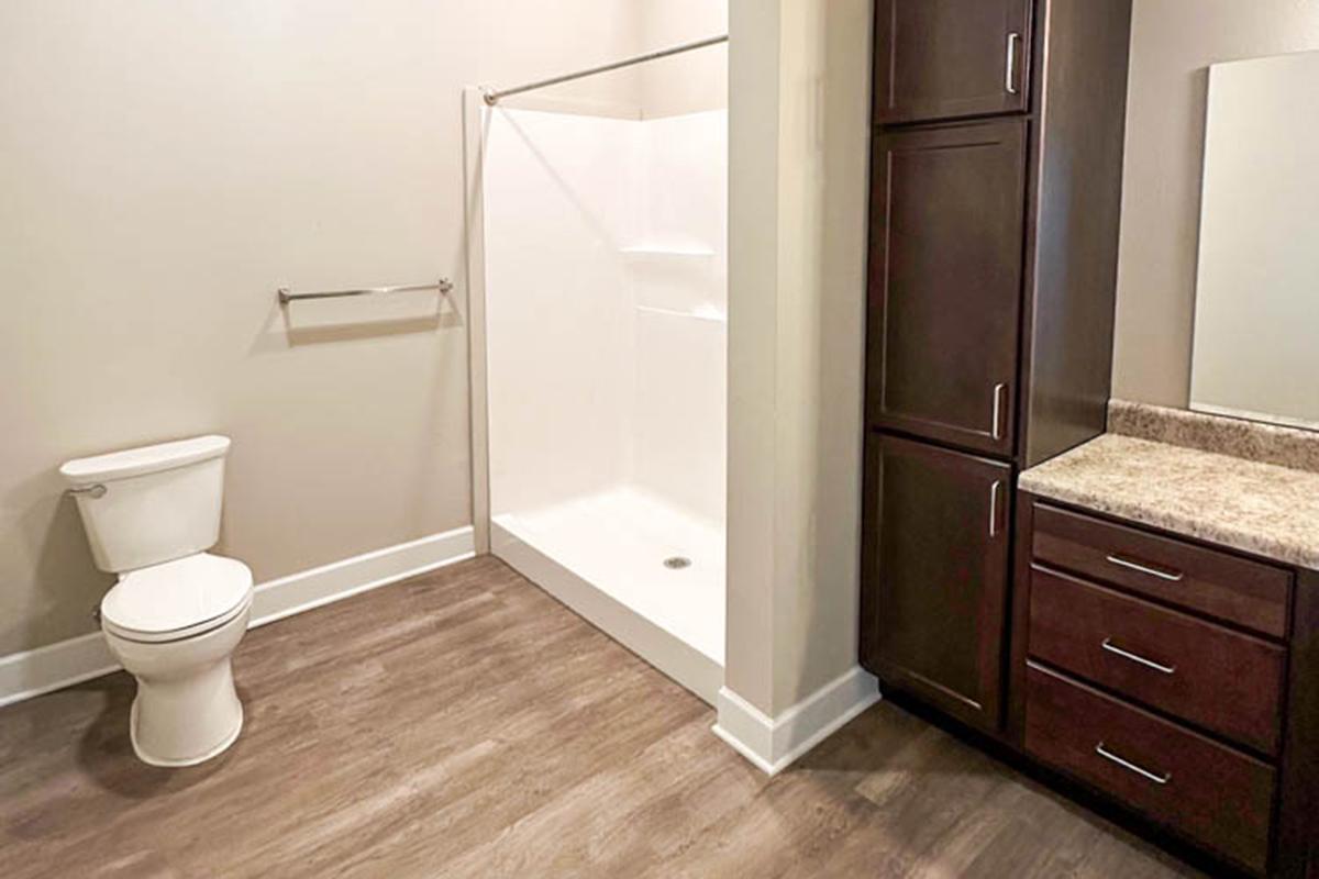 A modern bathroom featuring a walk-in shower with a white enclosure, a toilet, and a wooden vanity with a sink. The floor has a wood-like finish, and the walls are painted in a neutral color, providing a clean and contemporary look.