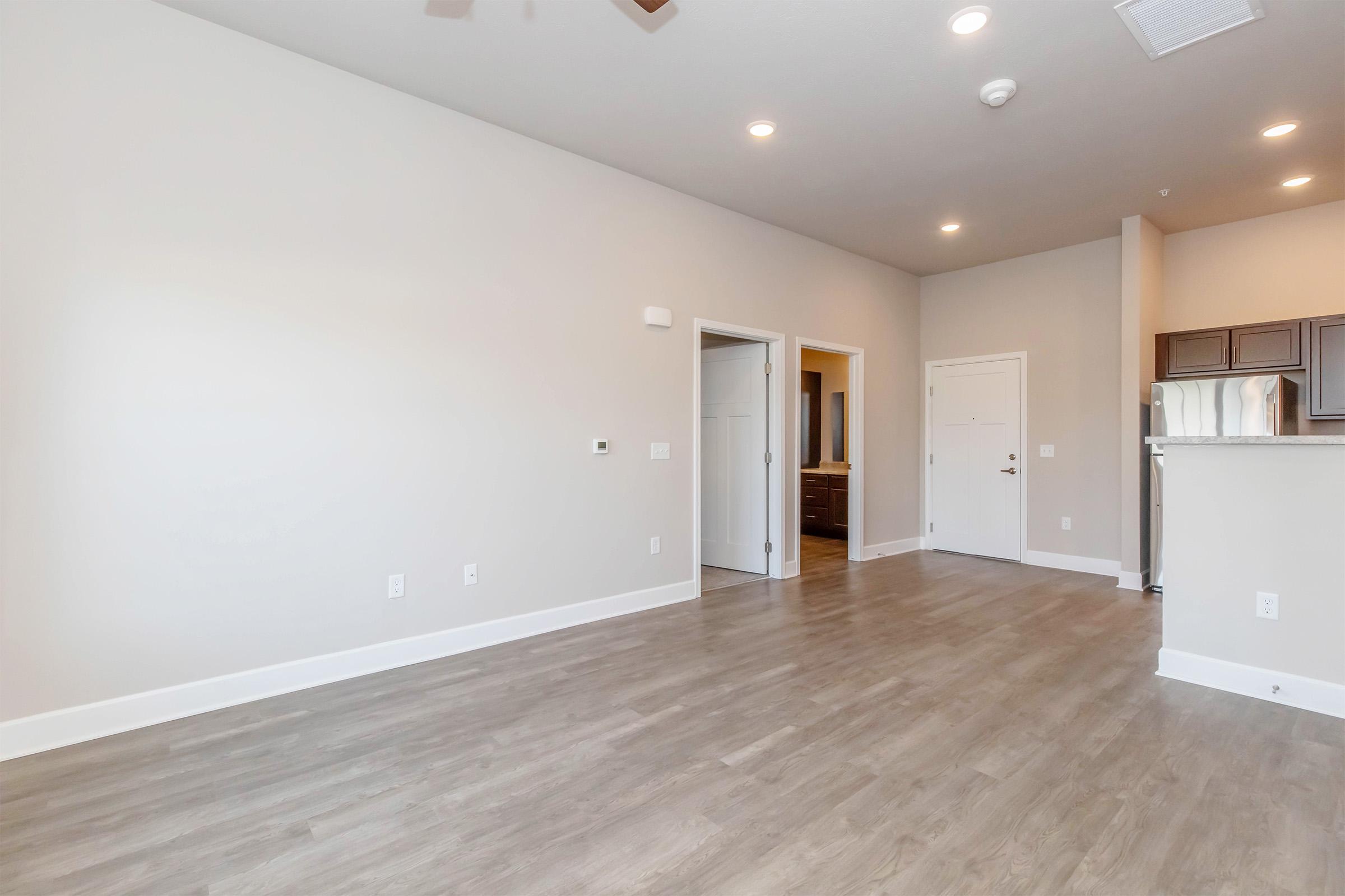 A spacious, newly designed apartment interior featuring light-colored walls, modern light fixtures, and wood-style flooring. The open layout includes a kitchen area visible in the background, with doorways leading to other rooms. Natural light brightens the space, creating a welcoming atmosphere.