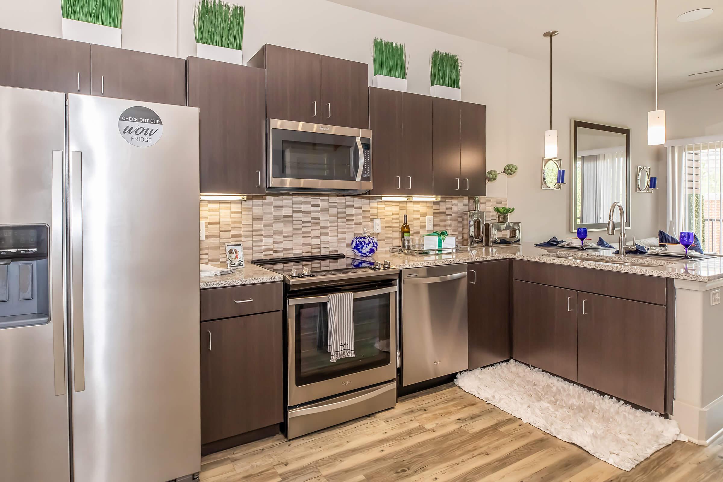 Modern kitchen featuring dark wood cabinets, stainless steel appliances, and granite countertops. The space includes a refrigerator, oven, microwave, and dishwasher. Decorative elements like green plants and blue accents add a contemporary touch. A soft rug lies on the floor, enhancing the inviting atmosphere.