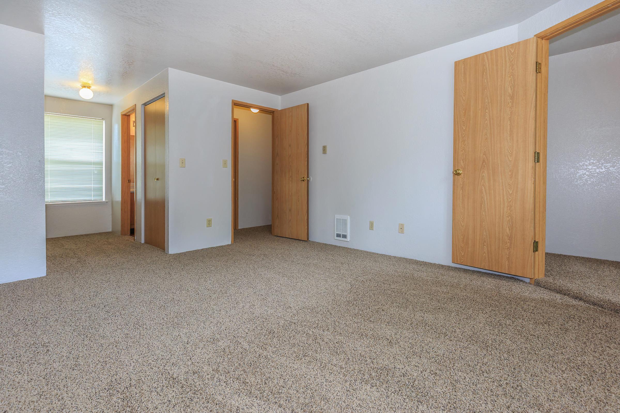 Spacious interior of a room with beige carpet, white walls, and multiple wooden doors. Natural light enters through a window, highlighting the clean, minimalist design.