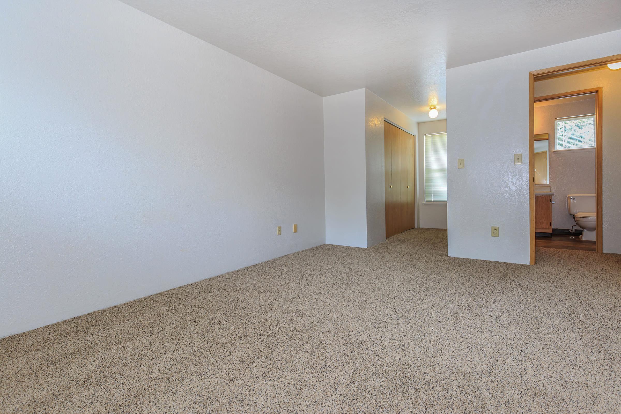 Empty living space featuring beige carpet, white walls, and a light fixture.