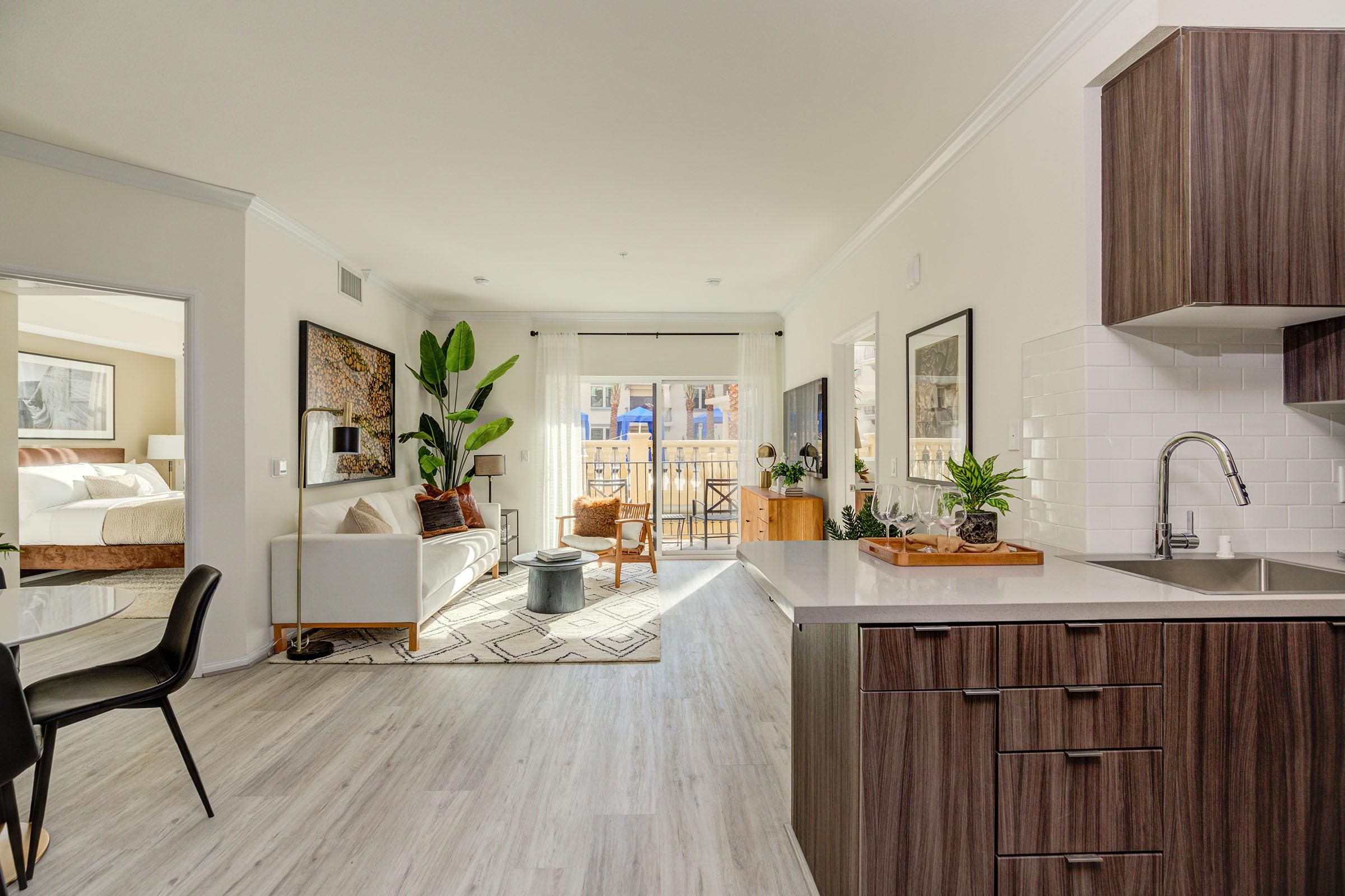 a kitchen with a table in a room