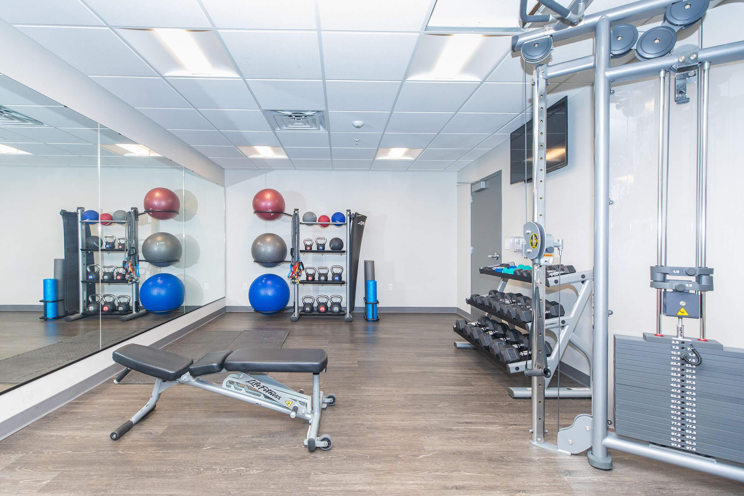 A modern fitness room featuring a variety of exercise equipment including dumbbells, stability balls, a weight bench, and resistance machines. The space is well-lit with a large mirror and has a clean, minimalistic design, making it suitable for strength training and workouts.