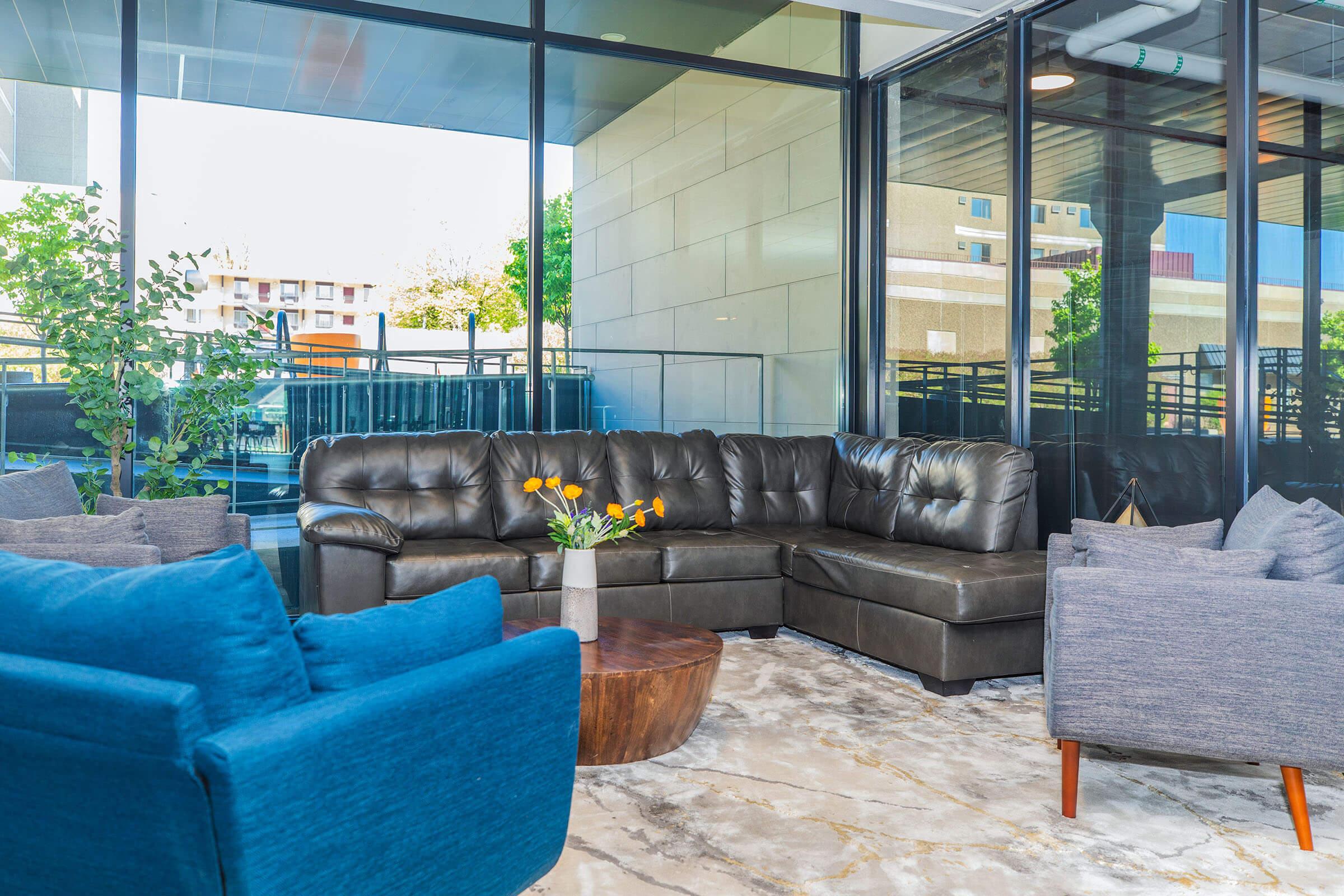 A modern lounge area featuring a large, dark leather sectional sofa, blue accent chairs, and a round wooden coffee table. Large windows provide a view of the outdoors, allowing natural light to fill the space, which is decorated with potted plants and a cozy atmosphere.