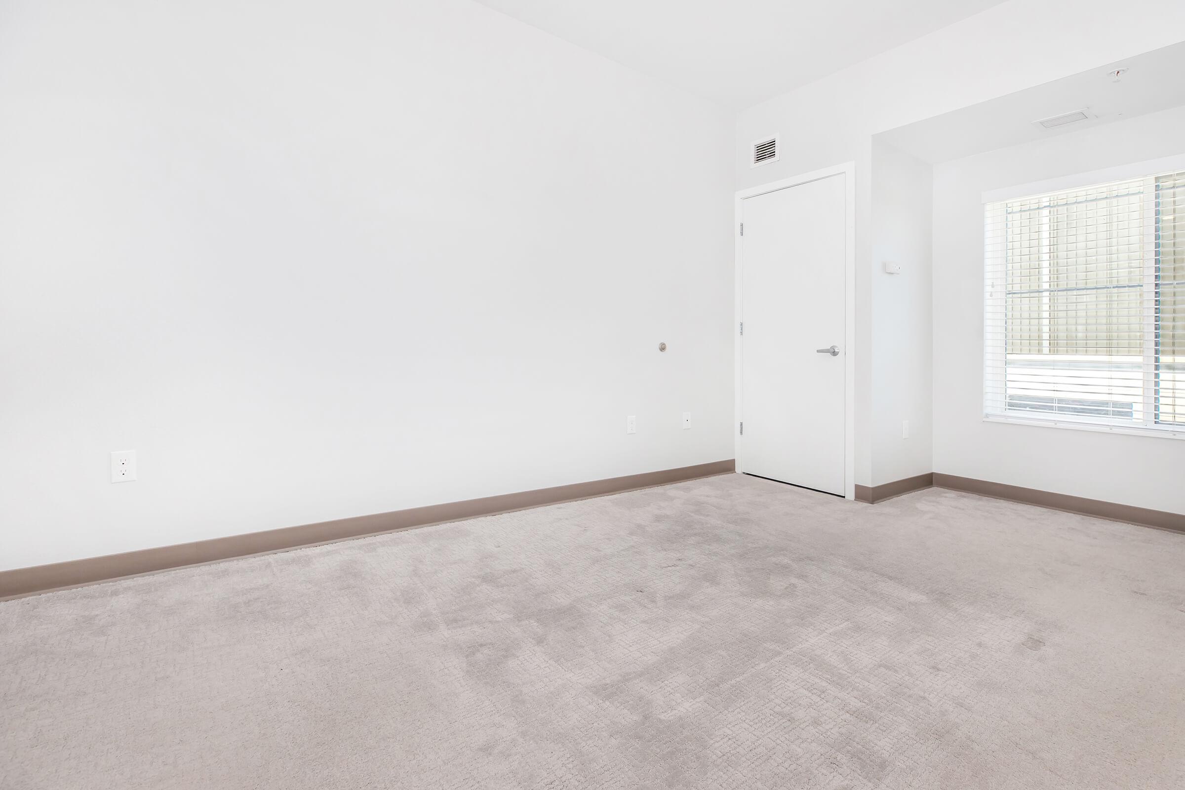 Empty room with light gray walls and carpet. A white door is visible on the left, and a window with blinds is on the right. The floor is clear of furniture, creating a spacious and minimalistic environment.