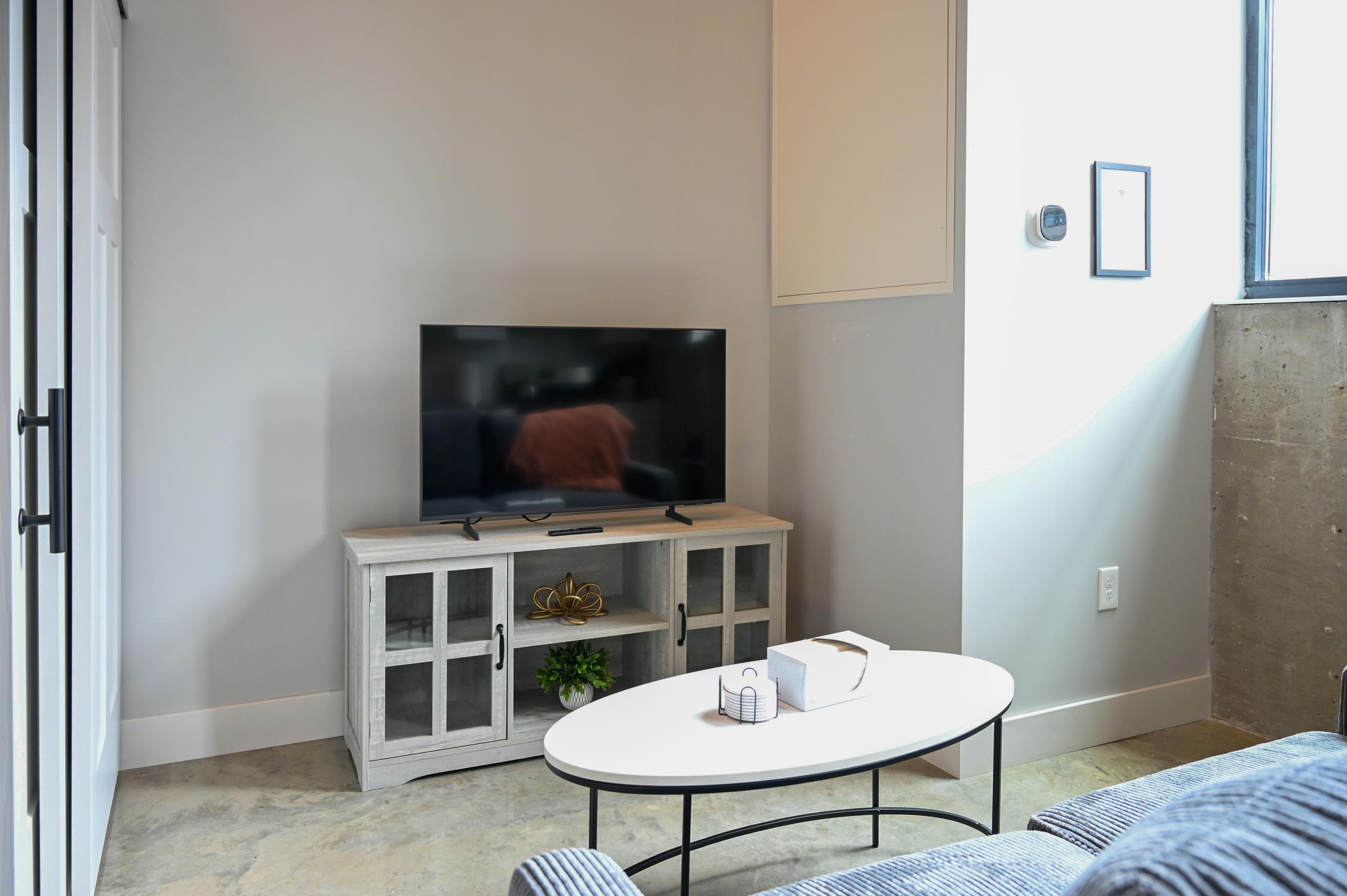 A cozy living room with a gray couch, a white coffee table, and a television on a light wooden cabinet. The walls are a neutral color, and there is a small indoor plant on the table. A window allows natural light to brighten the space, and there’s a thermostat mounted on the wall.