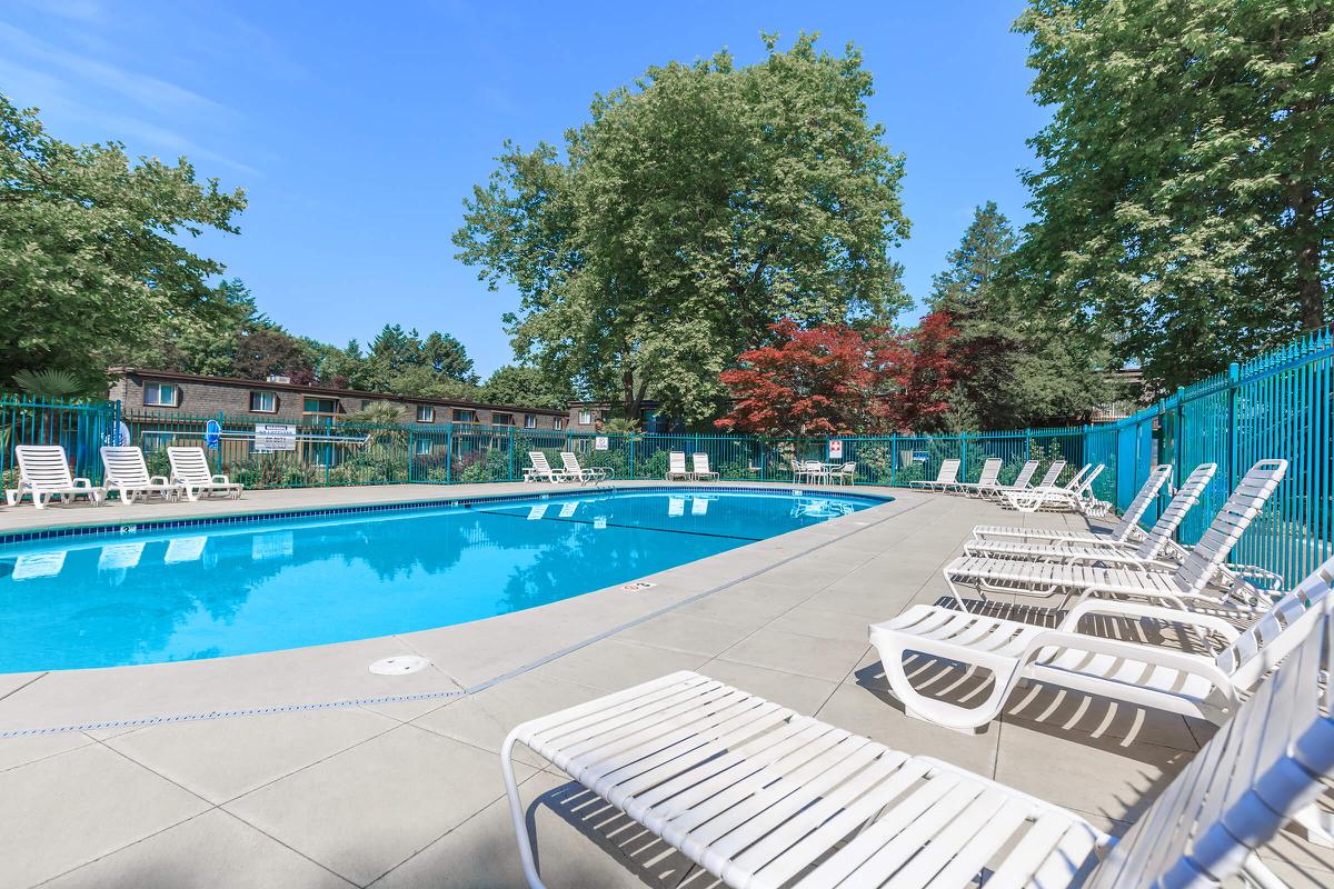 a row of lawn chairs sitting next to a pool