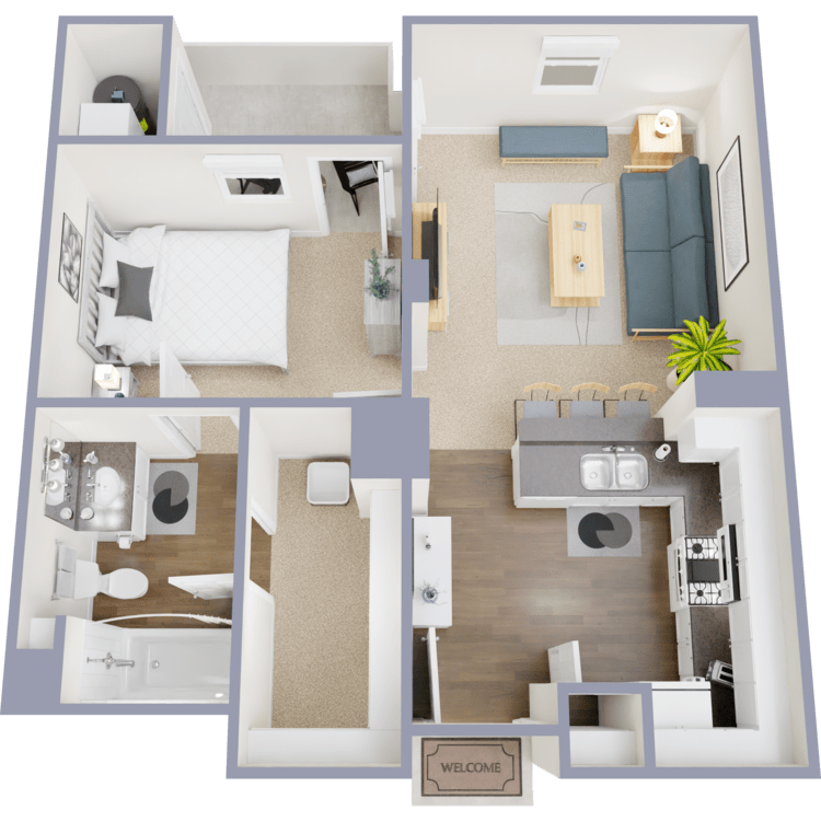 Plan 1, a 1 bedroom 1 bathroom floor plan.