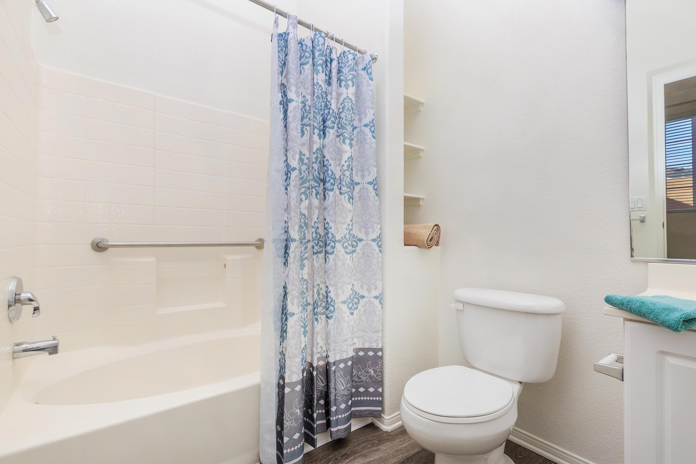 Bathroom with a blue shower curtain