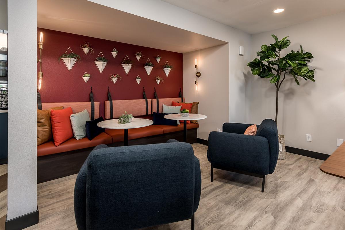 A cozy seating area featuring two navy blue armchairs and a red and beige cushioned bench with colorful pillows. The wall is adorned with geometric plant holders and a small green plant in the corner adds a touch of nature, creating a relaxing atmosphere. Soft lighting enhances the inviting space.