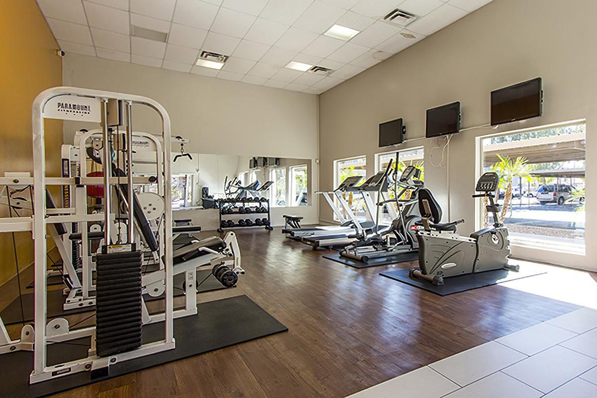 A modern gym interior featuring various exercise equipment. The space includes weight machines, treadmills, a stationary bike, and a mirror. Large windows allow natural light, and there are multiple televisions mounted on the walls. The flooring is dark wood, creating an inviting atmosphere for workouts.