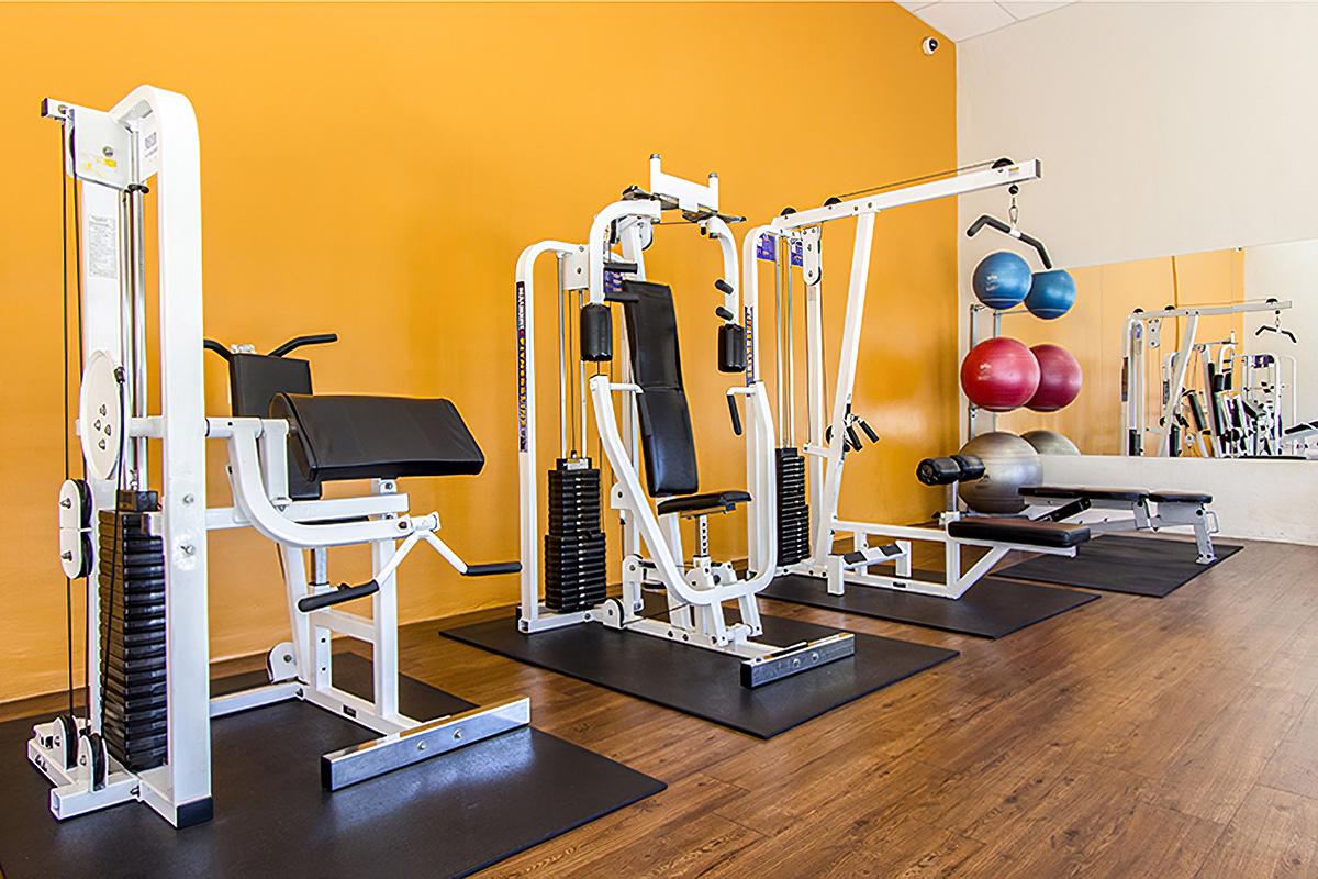 A well-equipped gym area featuring various strength training machines, including a leg press, cable machine, and other exercise equipment. The walls are painted orange, and there's a mirror reflecting the gym space. The floor is wooden, providing a warm ambiance for workouts.