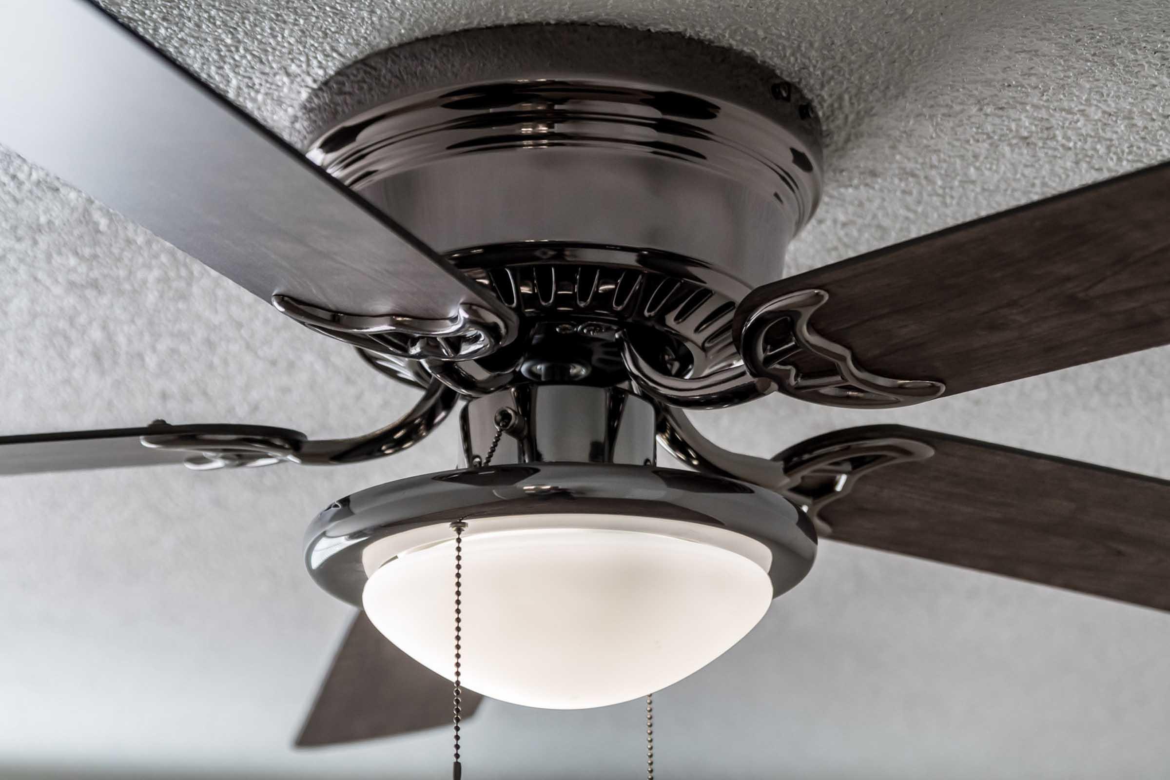 A close-up view of a ceiling fan featuring decorative curved blades and a circular light fixture with a frosted glass shade. The fan has a polished metal finish and visible pull chains for operation, mounted against a textured ceiling.
