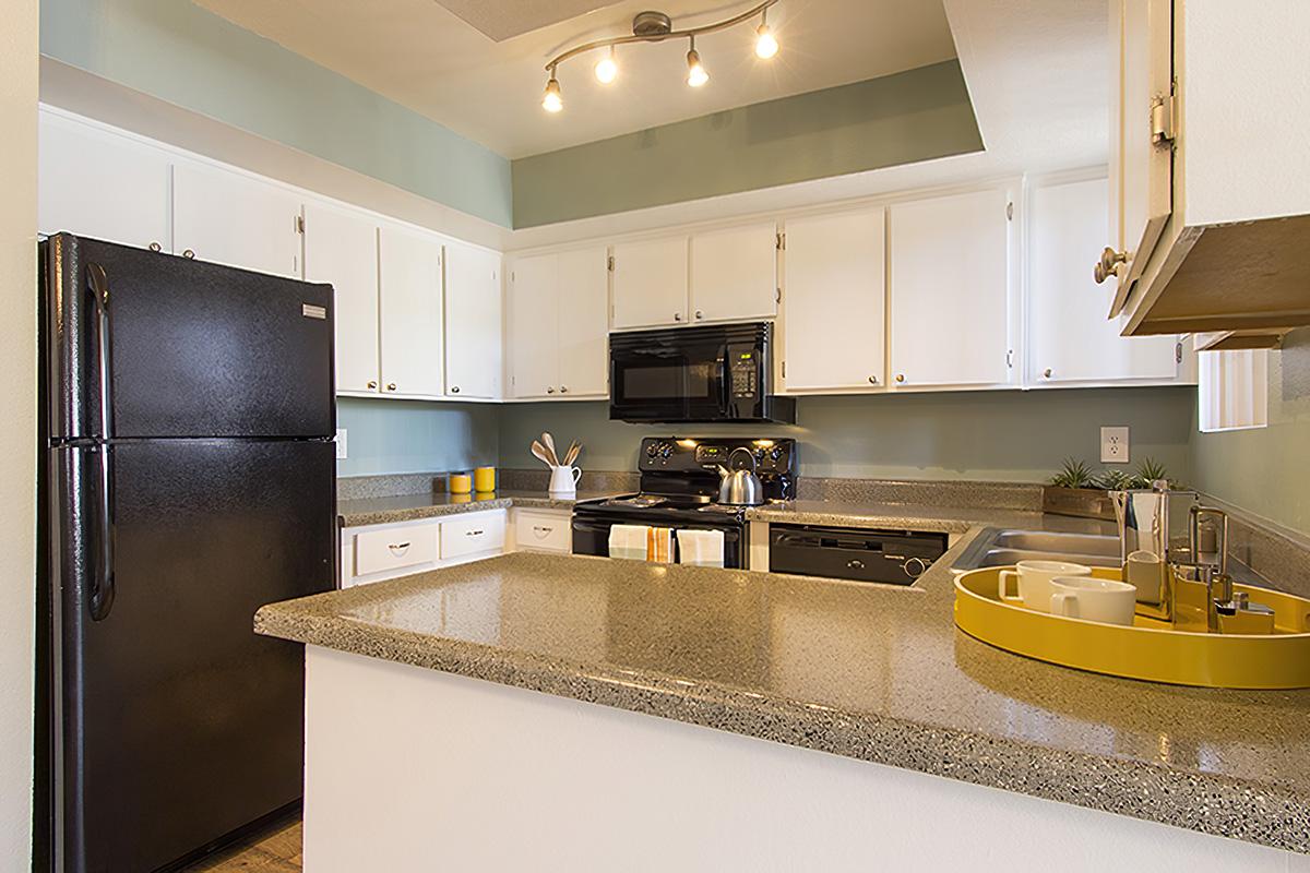 Modern kitchen featuring a black refrigerator and a sleek black stove. White cabinets with a light blue accent wall. A granite countertop provides workspace, complemented by a circular yellow tray with utensils. Soft lighting from a ceiling fixture enhances the contemporary feel.