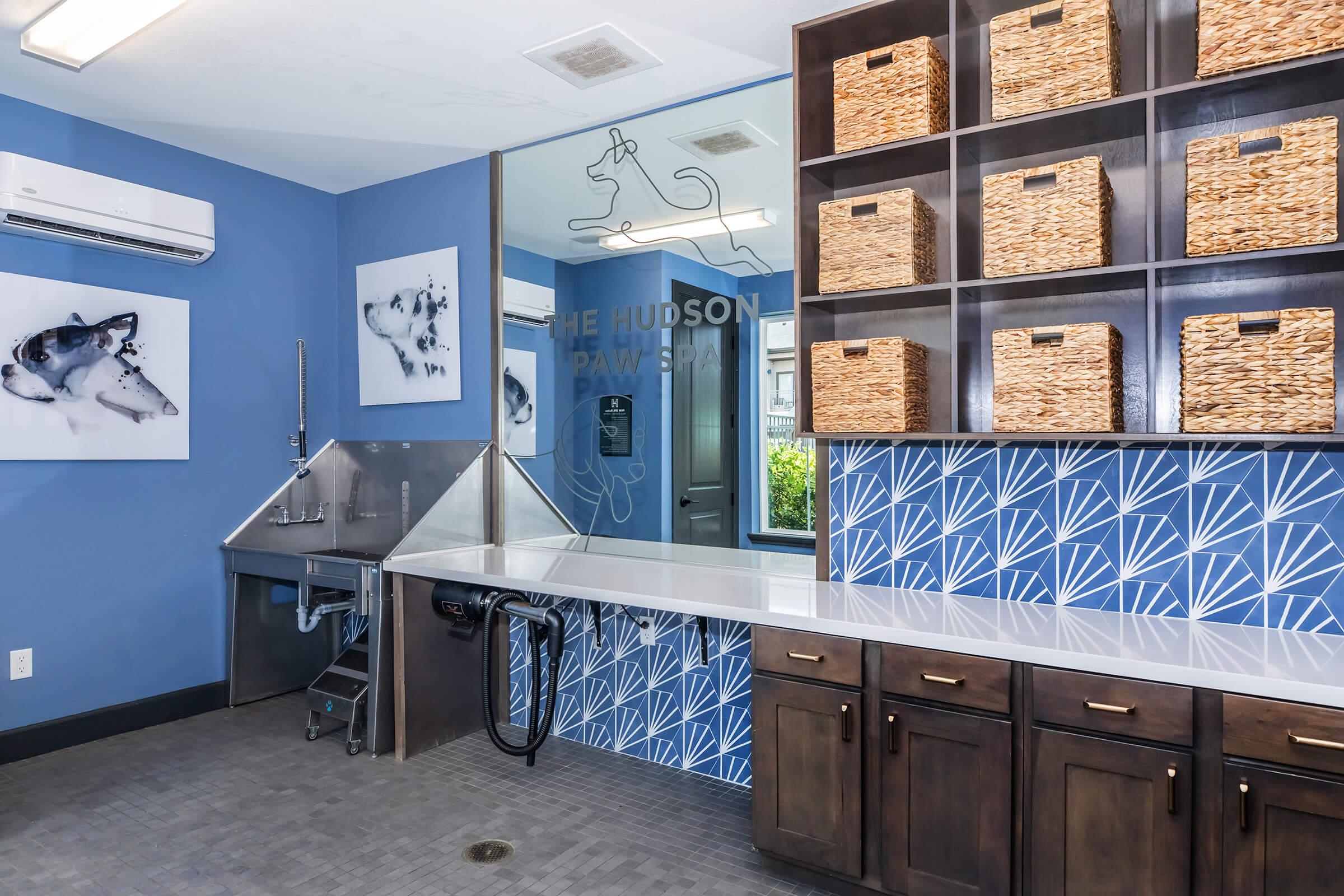 A modern pet grooming area featuring blue walls, a stainless steel grooming station, and a patterned tile backsplash. There are two framed pet portraits on the wall and decorative woven baskets on shelves above the counter. The space is well-lit and designed for comfort and functionality.