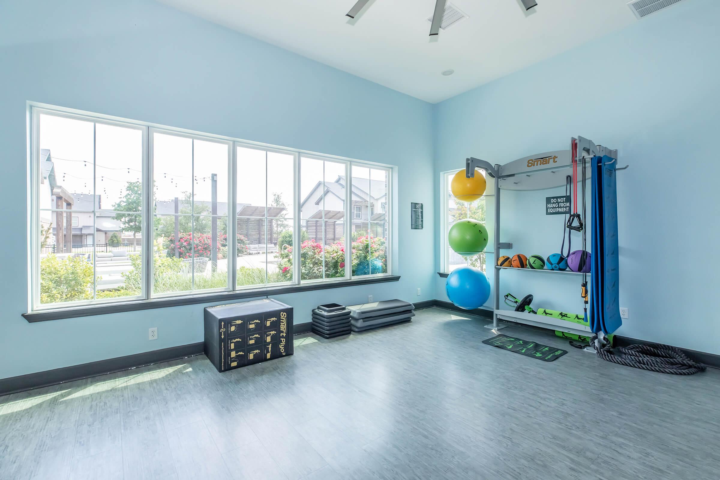 A bright and spacious fitness room featuring large windows with a view of greenery. The room includes exercise equipment such as colorful stability balls, resistance bands, and a black storage box. A sleek multi-use training machine is positioned against the wall, with gray flooring completing the modern look.