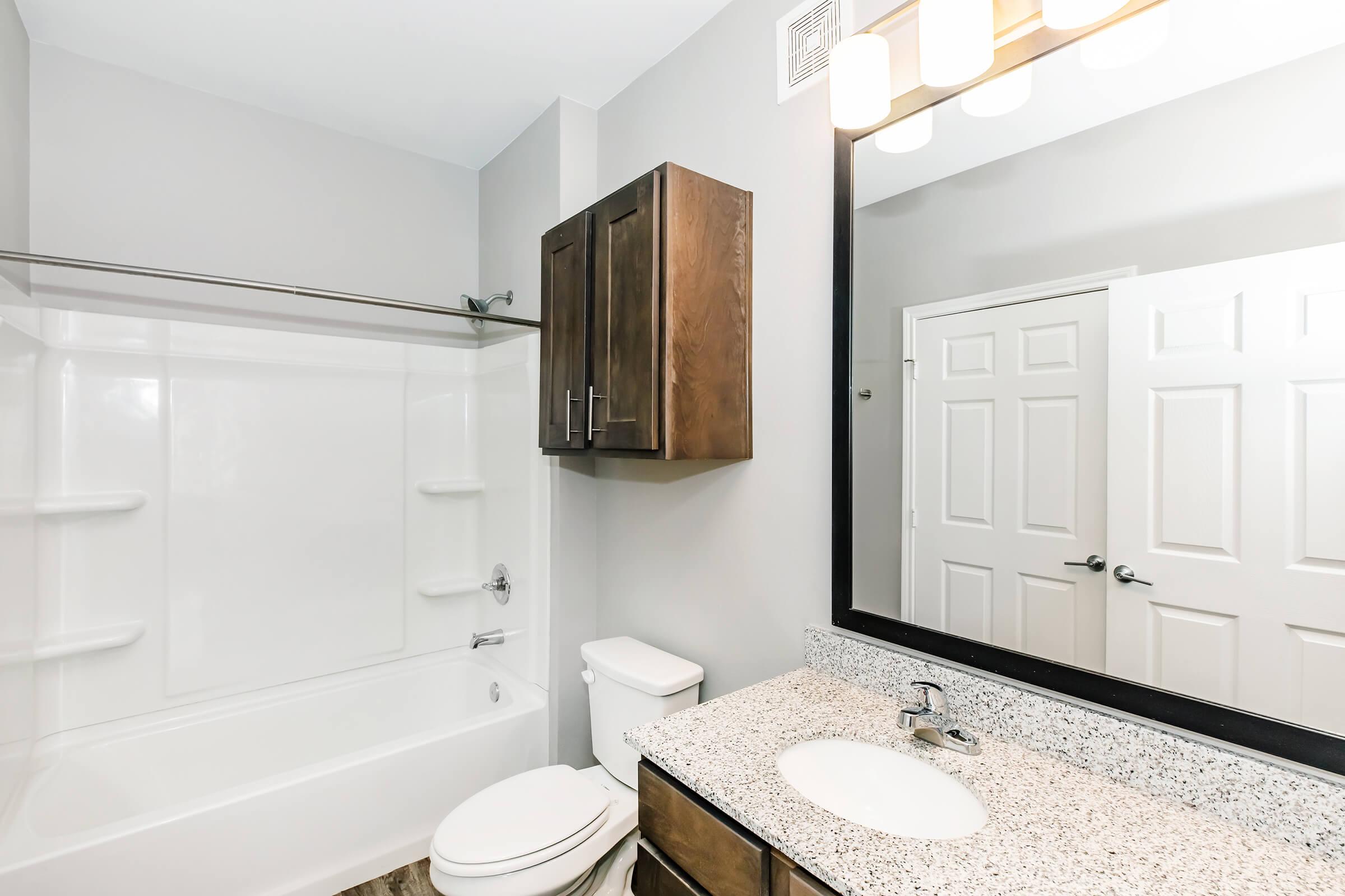 A modern bathroom featuring a white bathtub with a shower, a dark wooden cabinet, a toilet, and a granite countertop with a sink. Soft lighting is provided by a fixture above the mirror, which is framed in black. A closed door is visible in the background, adding to the clean, minimalist design.