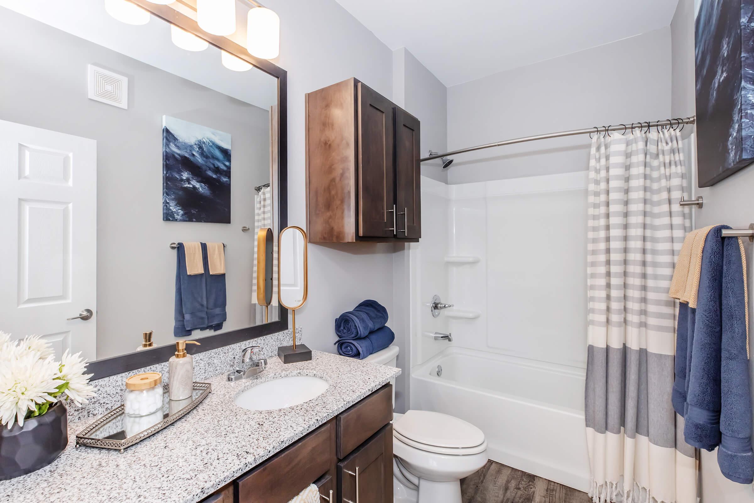A modern bathroom featuring a large mirror, dark wood cabinets, and a granite countertop. The space includes a bathtub with a shower curtain, a toilet, and decorative towels. A small vase with flowers adds a touch of decor, and artwork is displayed on the wall. The color scheme is neutral with blue and beige accents.