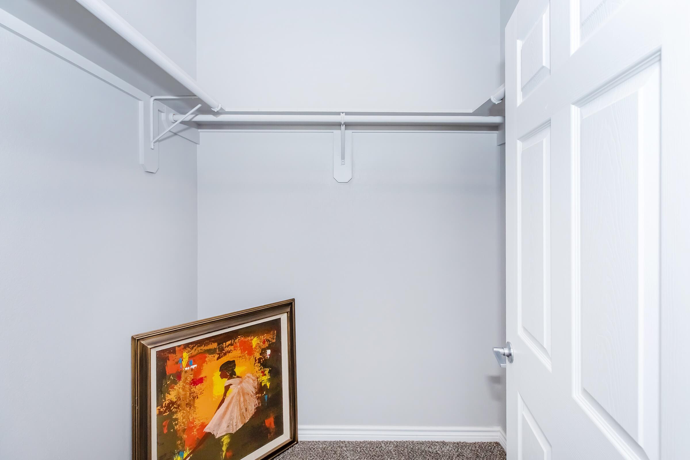 An empty closet with white walls and a carpeted floor. A framed painting is leaning against the wall, featuring vibrant colors and abstract designs. The closet has two hanging rods for clothing, and a white door is partially closed.