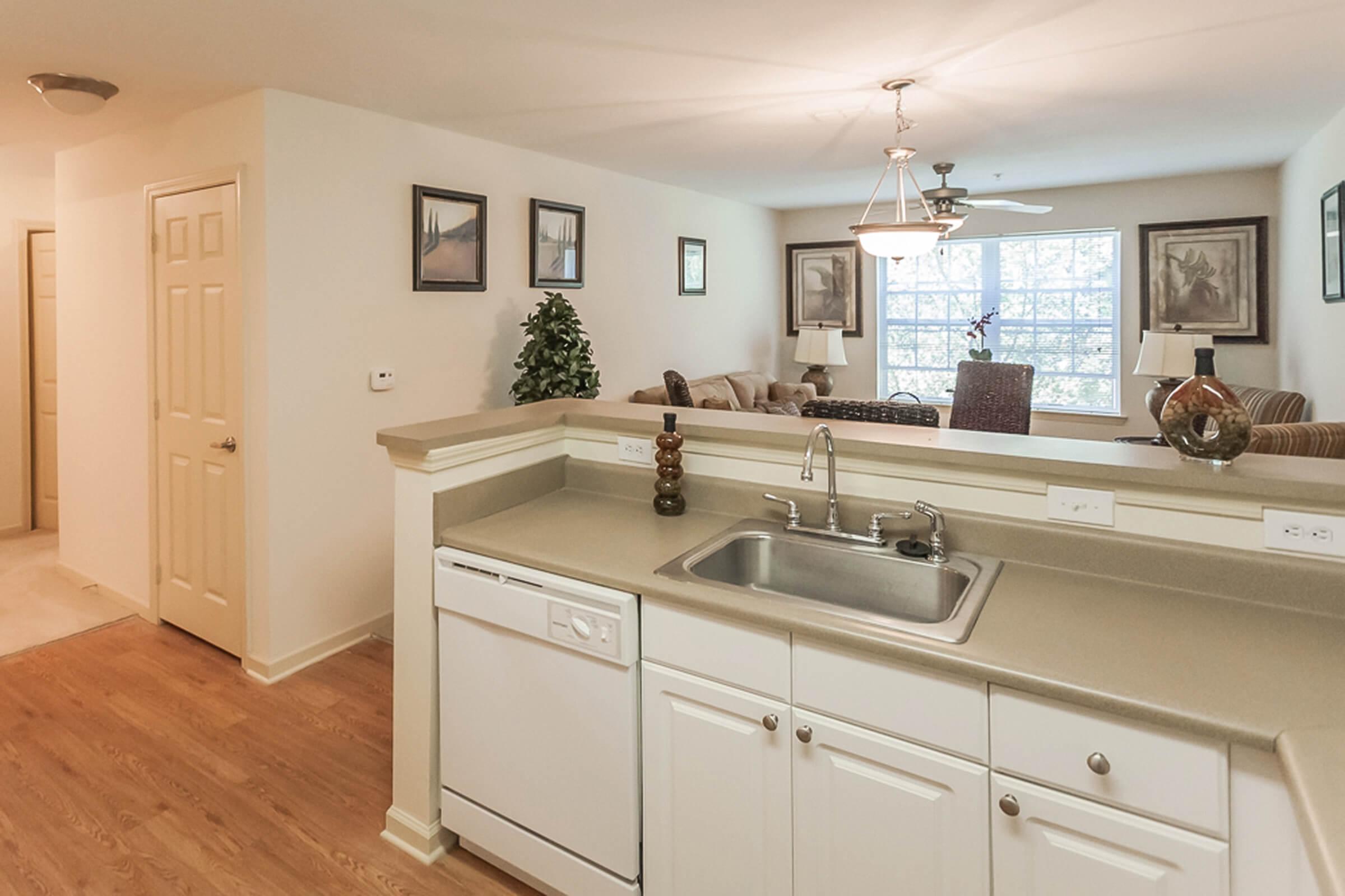 a kitchen with a sink and a mirror