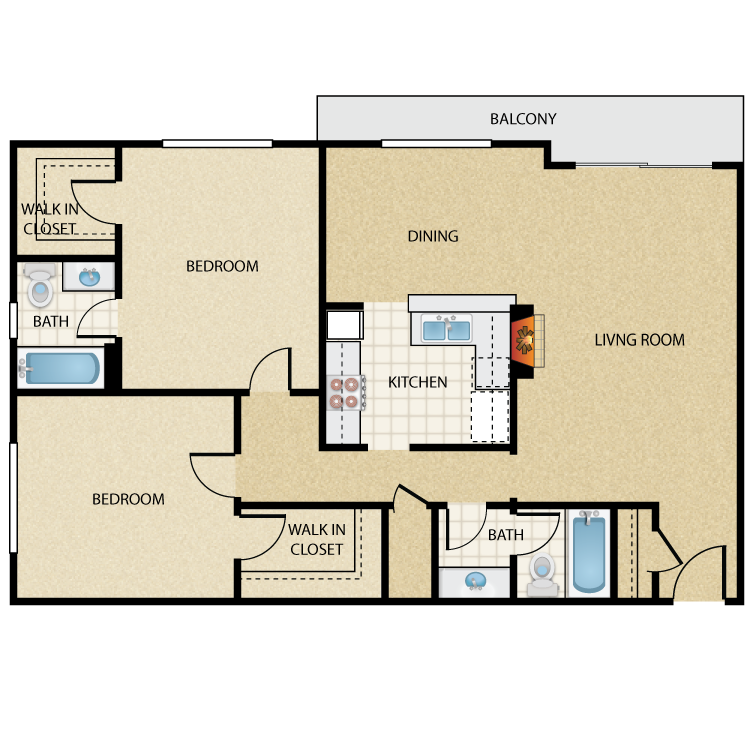 Floor plan image of Valentino Two Bedroom Two Bath