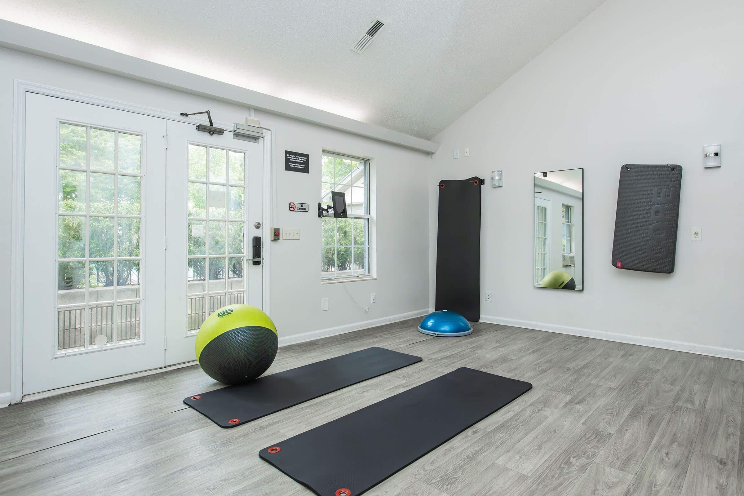 A bright fitness room featuring two exercise mats on a wooden floor, an exercise ball, a balance trainer, and a wall-mounted mat. Large windows allow natural light to fill the space, enhancing a motivational atmosphere for workouts.