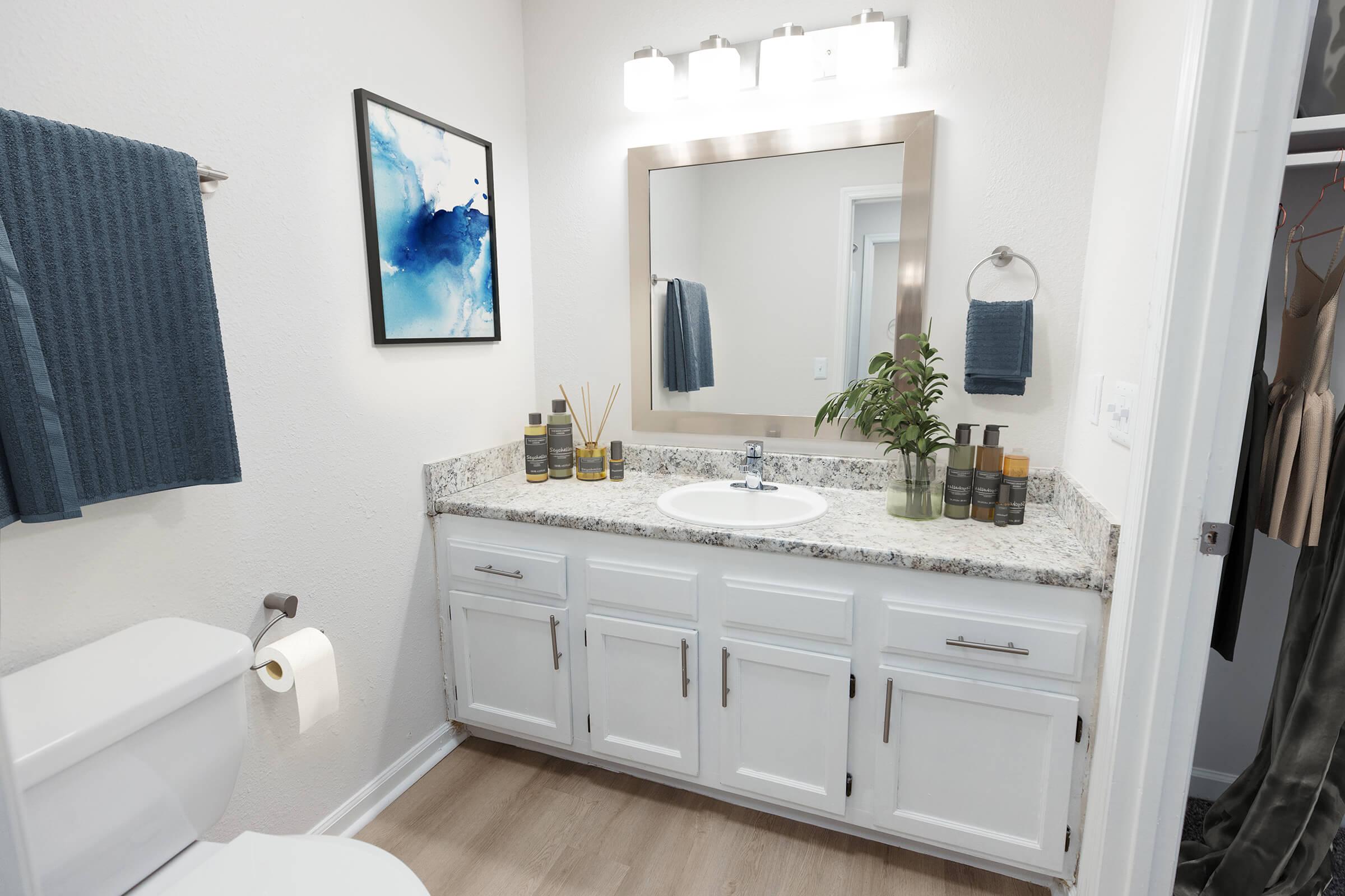 A modern bathroom featuring a white vanity with a granite countertop, a round sink, and neatly arranged toiletries. There’s a decorative plant on the counter, a mirror with bright lighting above, and a blue abstract painting on the wall. Soft towels hang nearby, and a toilet is visible in the corner.