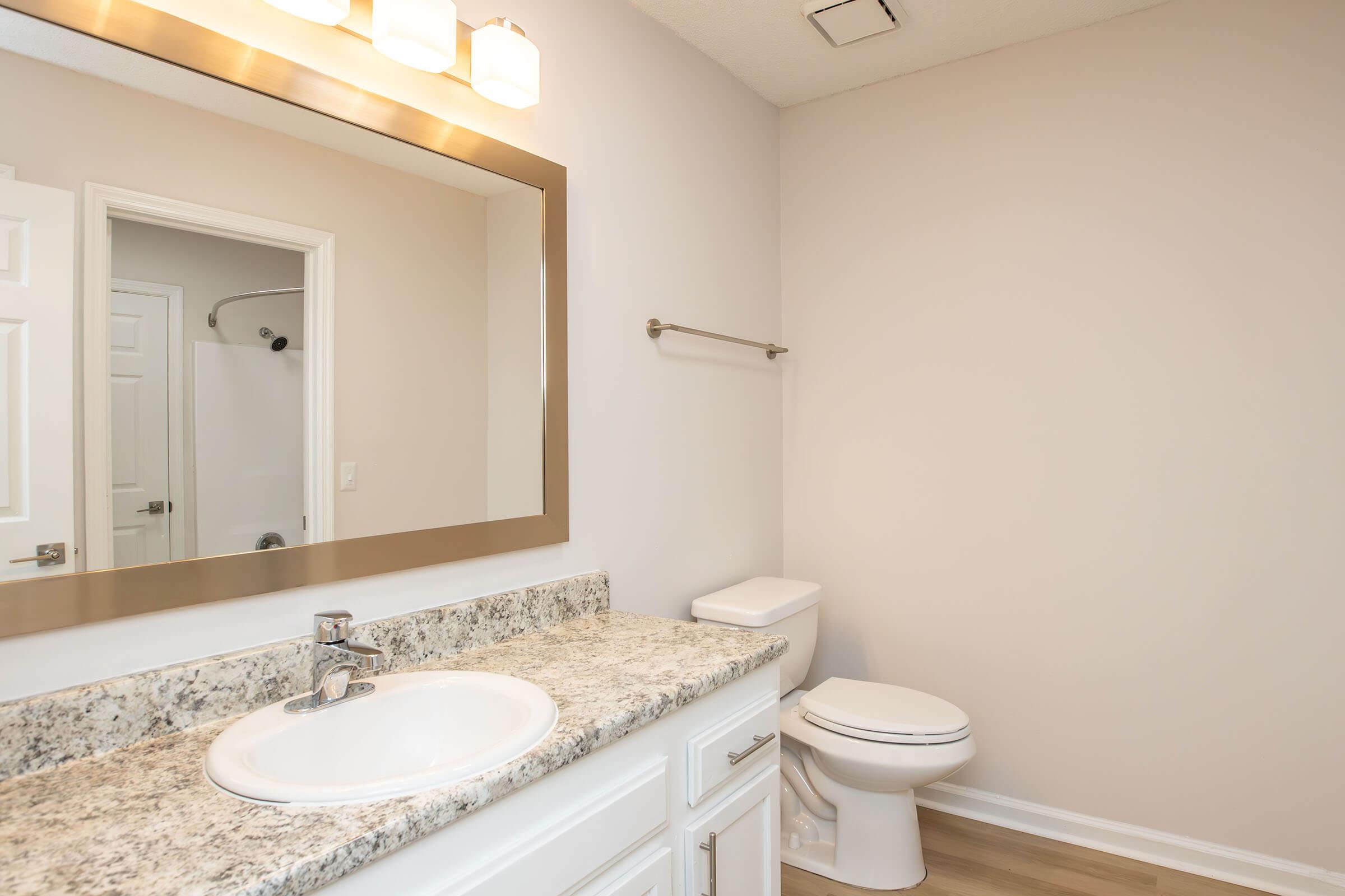 A modern bathroom featuring a clean countertop with a sink and faucet, a large mirror with a light fixture above, a toilet, and a towel rack on the wall. The walls are painted in a light color, and there is a glimpse of a shower area through an open door. The flooring is light-colored wood.