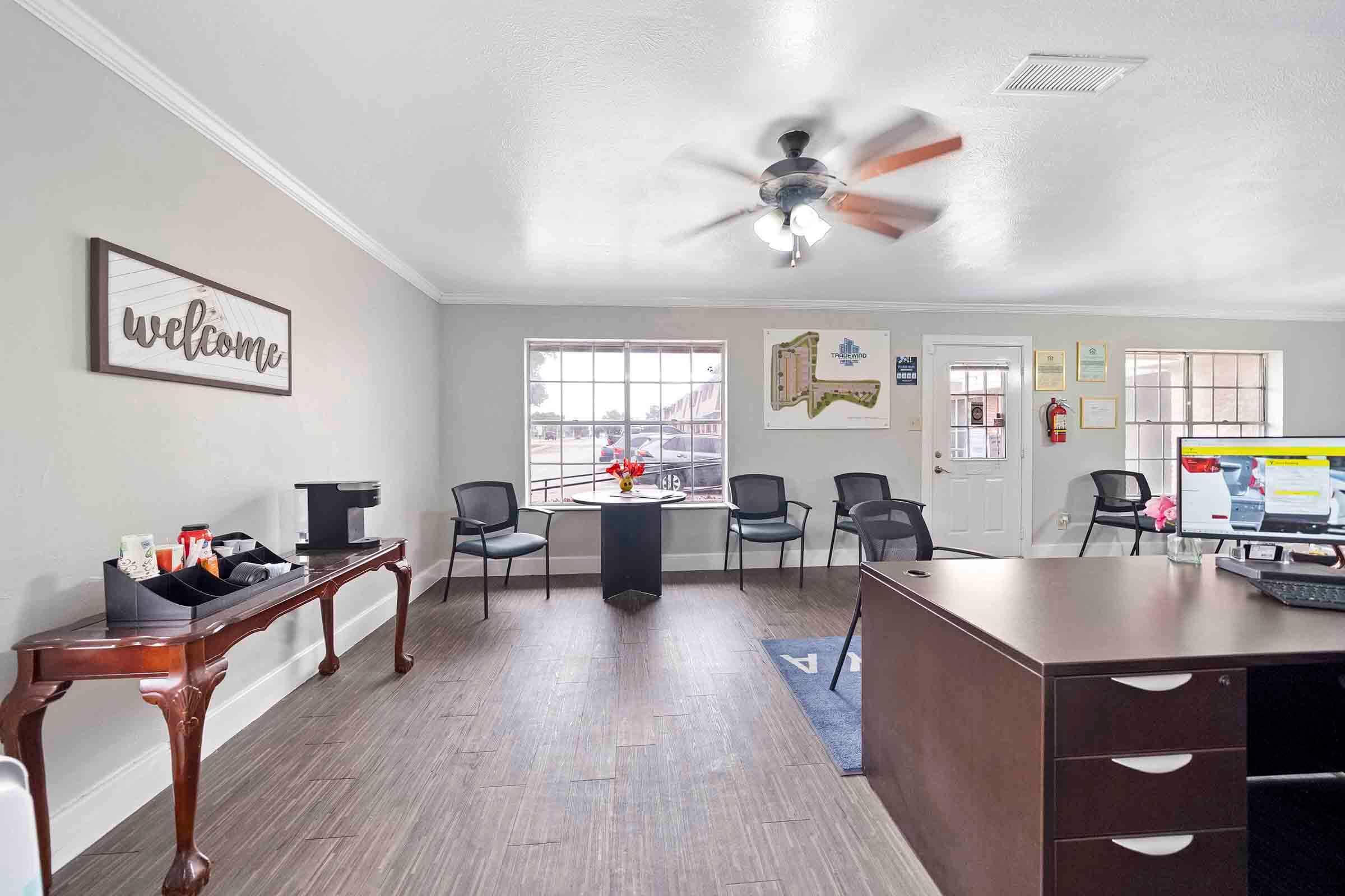 a kitchen with a table in a room