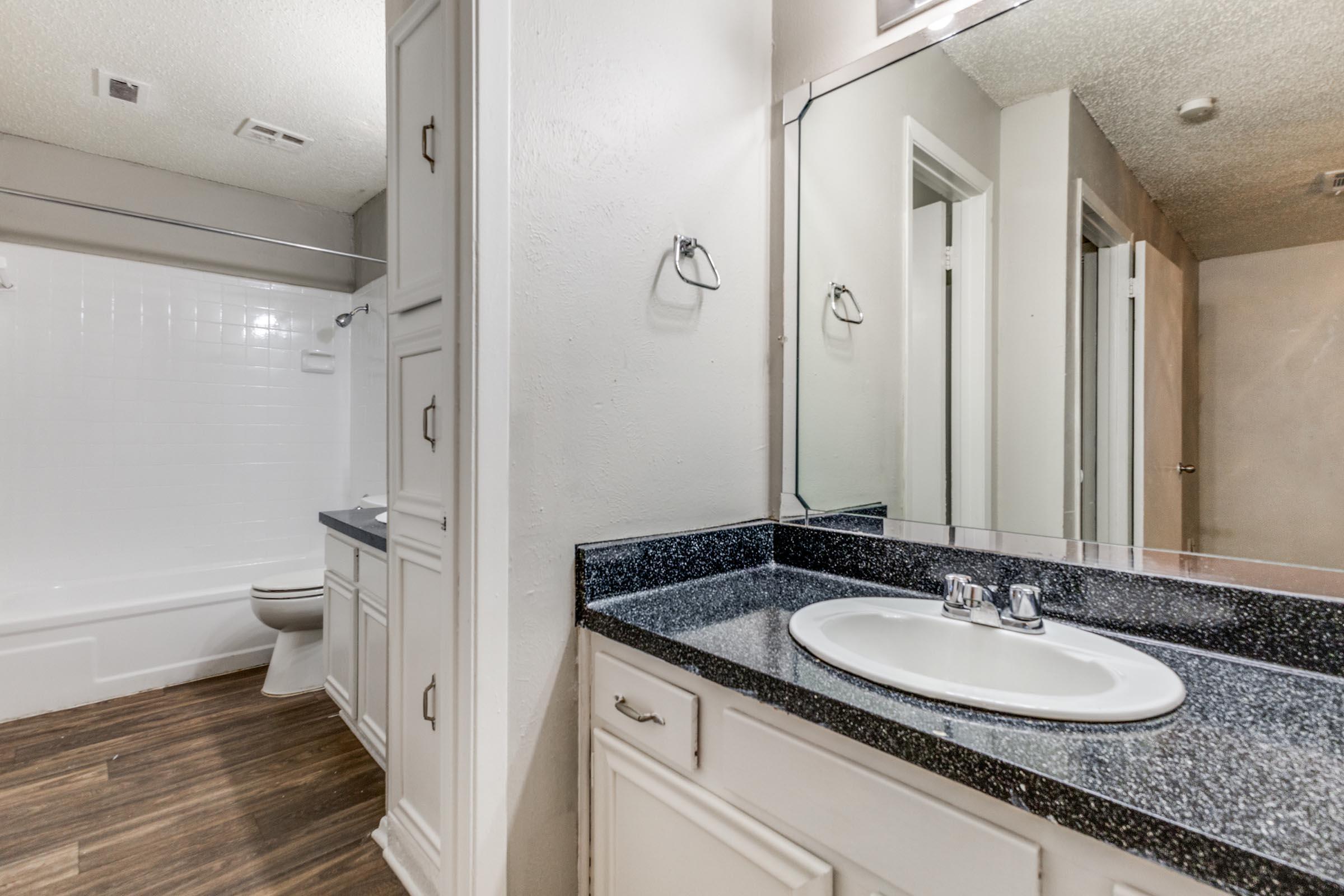 a double sink and large mirror