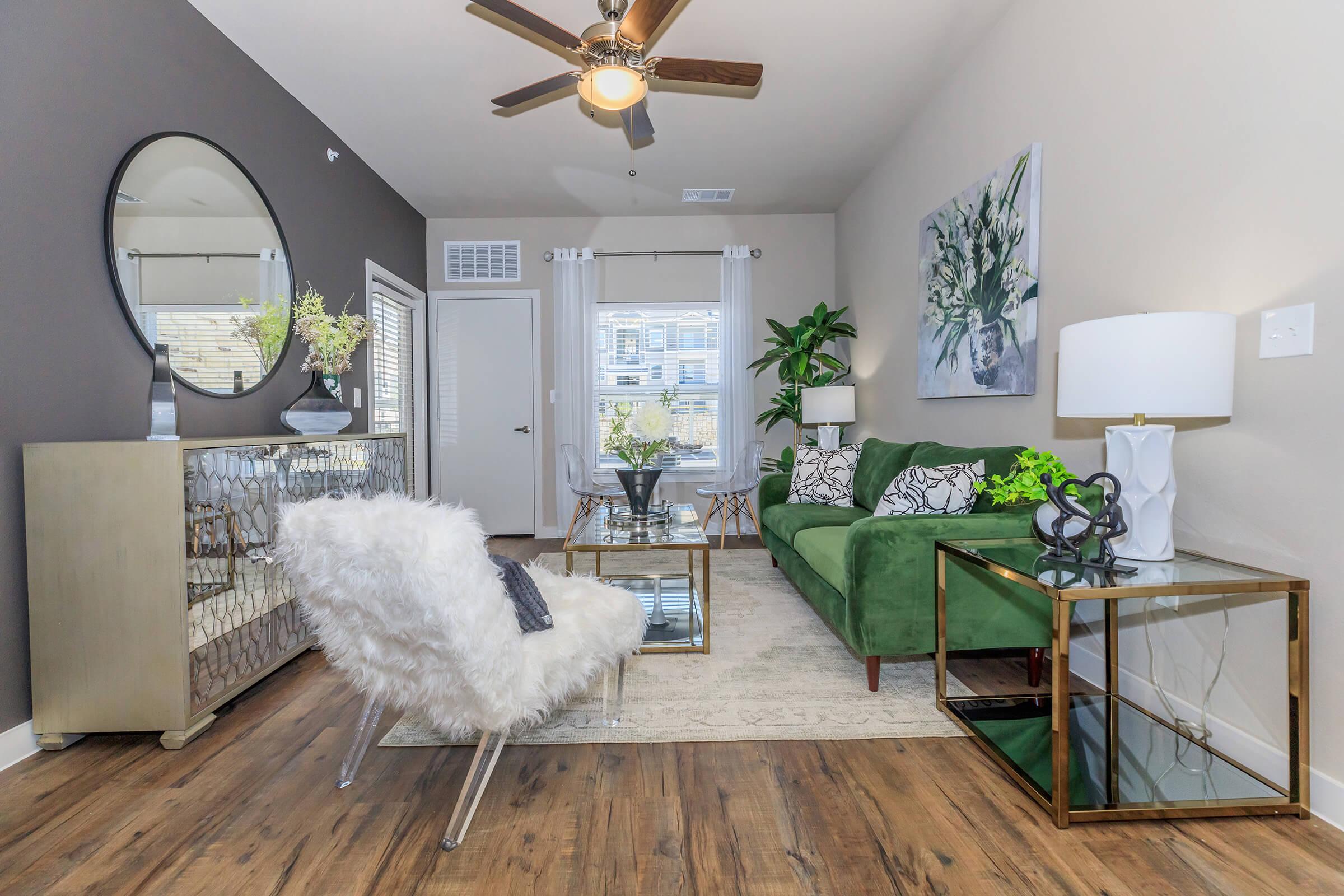 a living room with a wooden floor