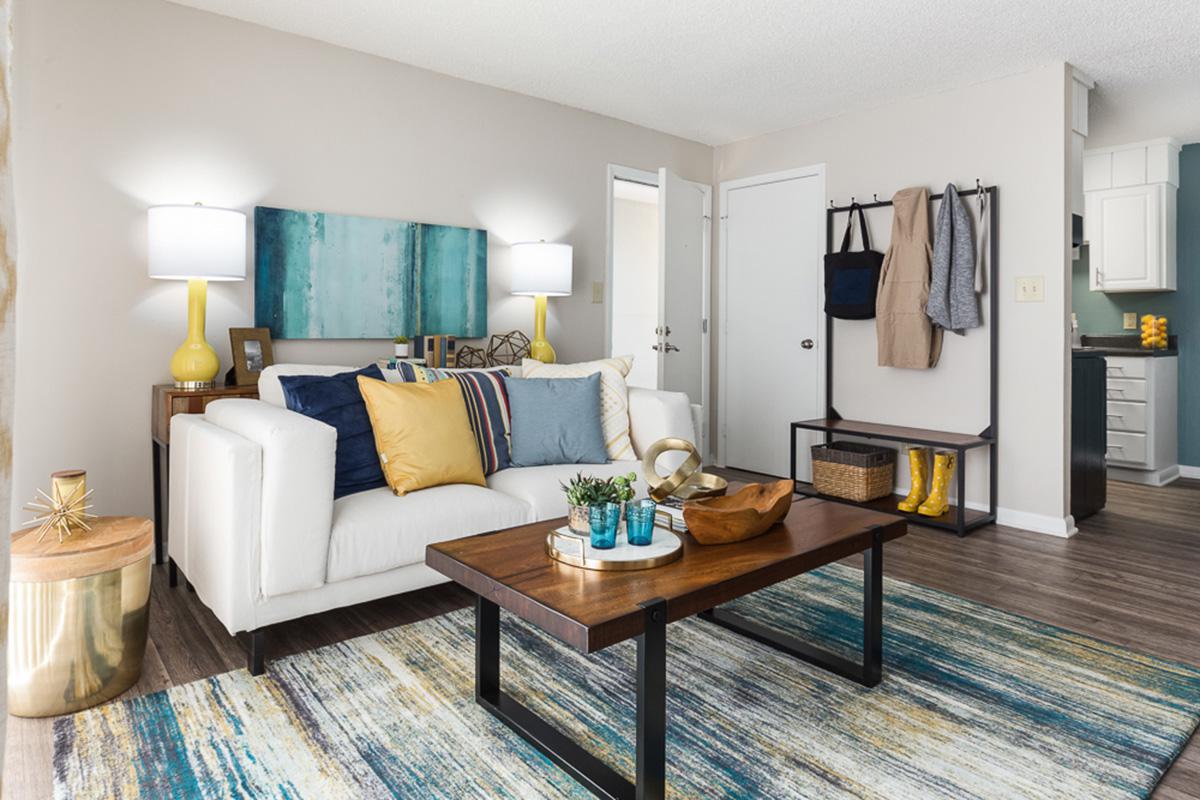 Living Room with Wood-Style Flooring - Edgewater Village Apartments - Greensboro - North Carolina