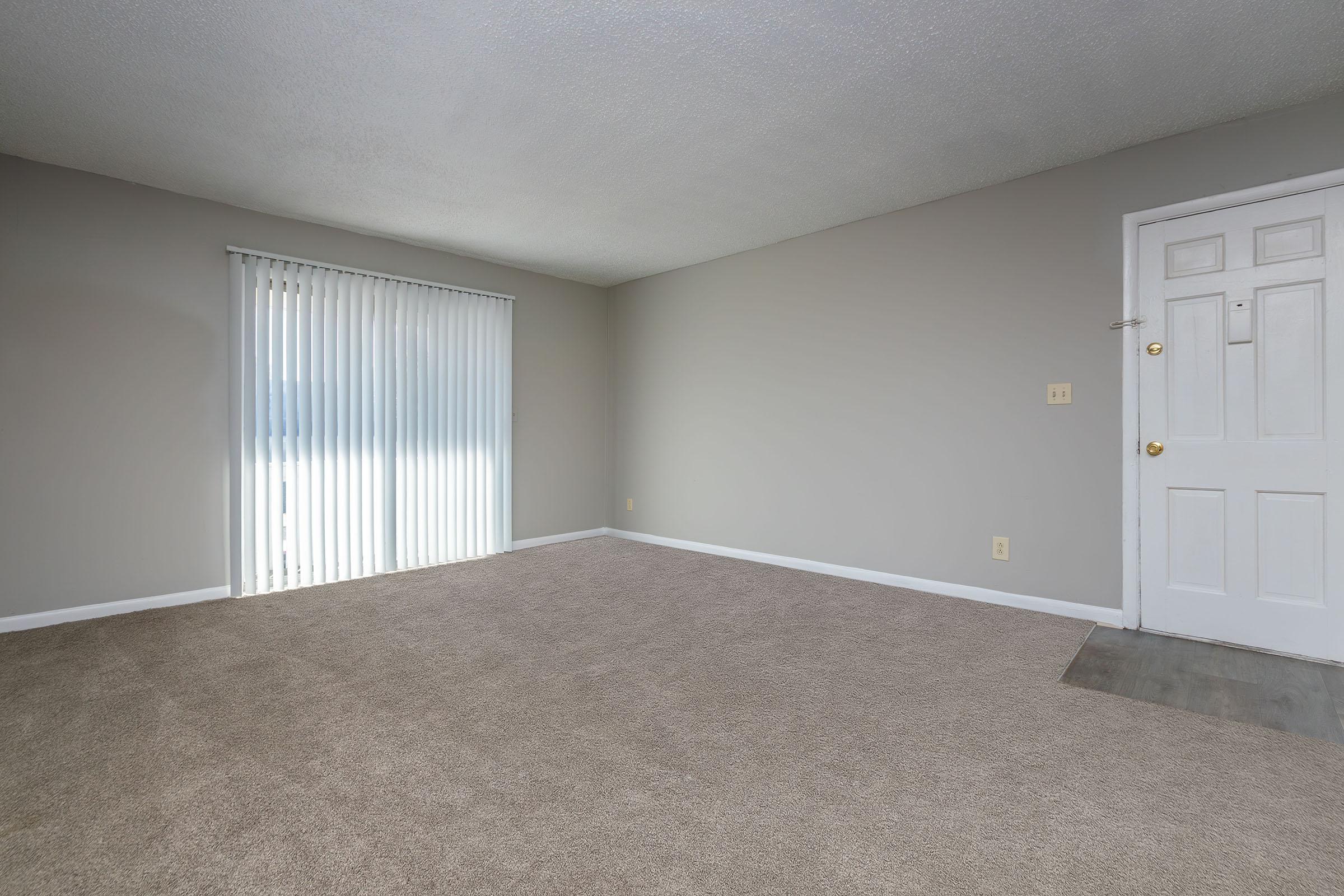 An empty living room with light beige carpet and smooth gray walls. A sliding glass door with vertical blinds lets in natural light, while a plain white door with a small window is visible on the right. The space appears spacious and well-maintained, suitable for various furniture arrangements.