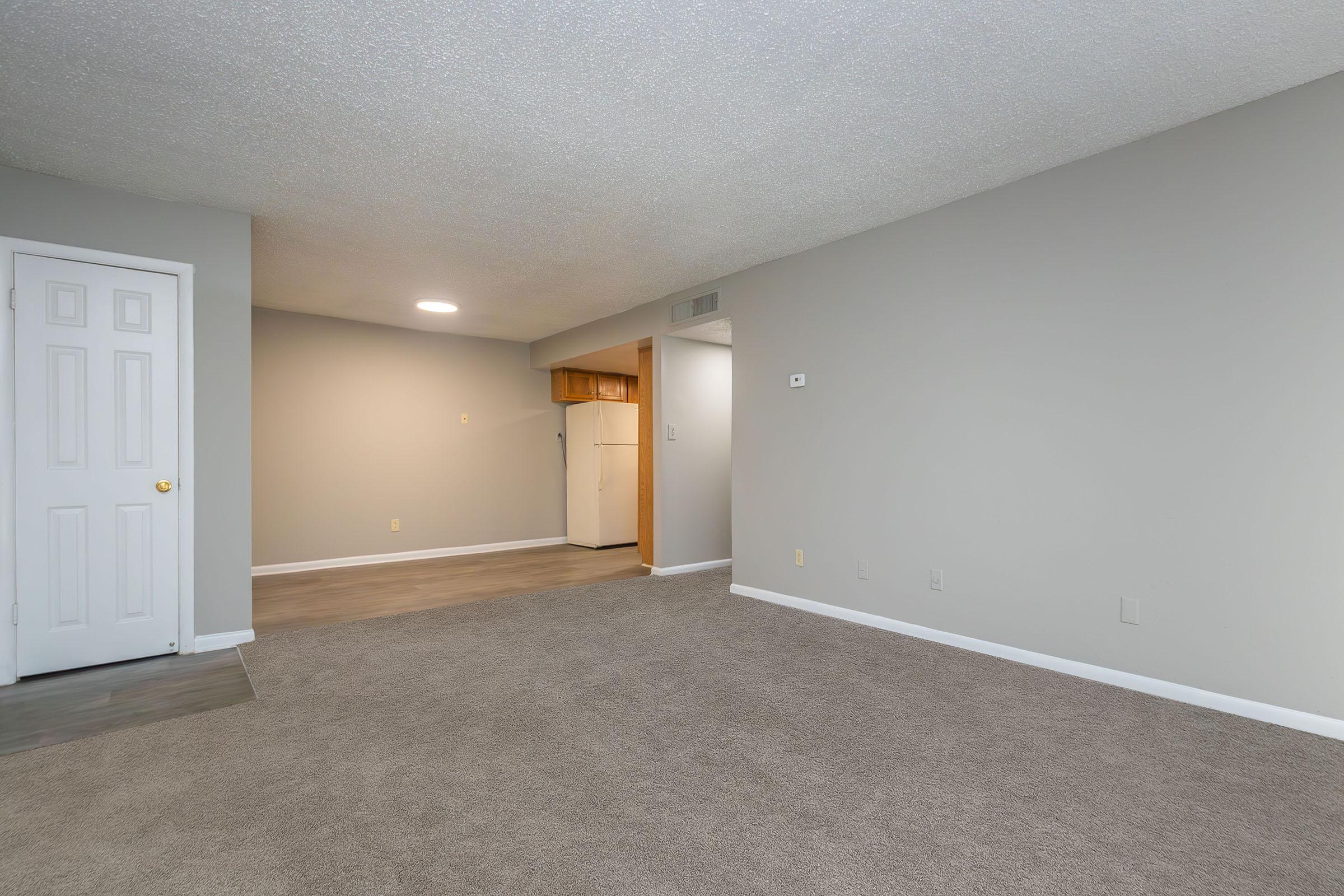 A spacious, empty living area with light gray walls and plush carpeting. On the left, there is a closed white door, and in the background, a small kitchen can be seen with wood-toned cabinets. The room is well-lit, featuring a ceiling light and a large window, creating an open and inviting atmosphere.
