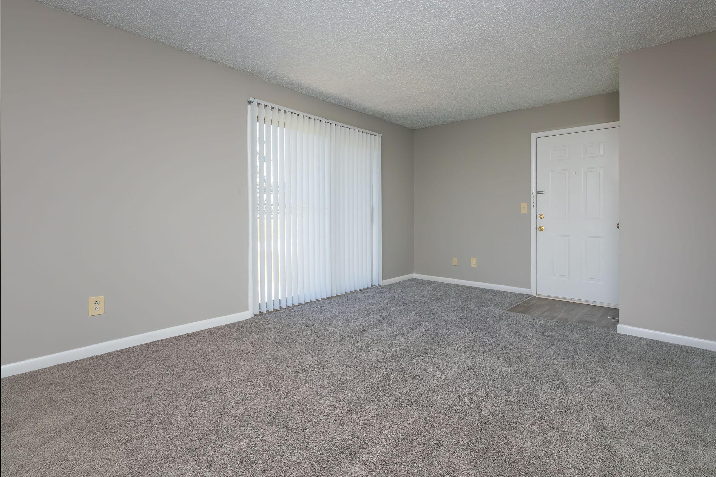 Interior of a blank room featuring light gray walls and carpet, with a large window covered by vertical blinds allowing natural light. A front door with a small entry mat is visible on the right side. The space is unfurnished and tidy, giving a sense of openness and potential for decoration.