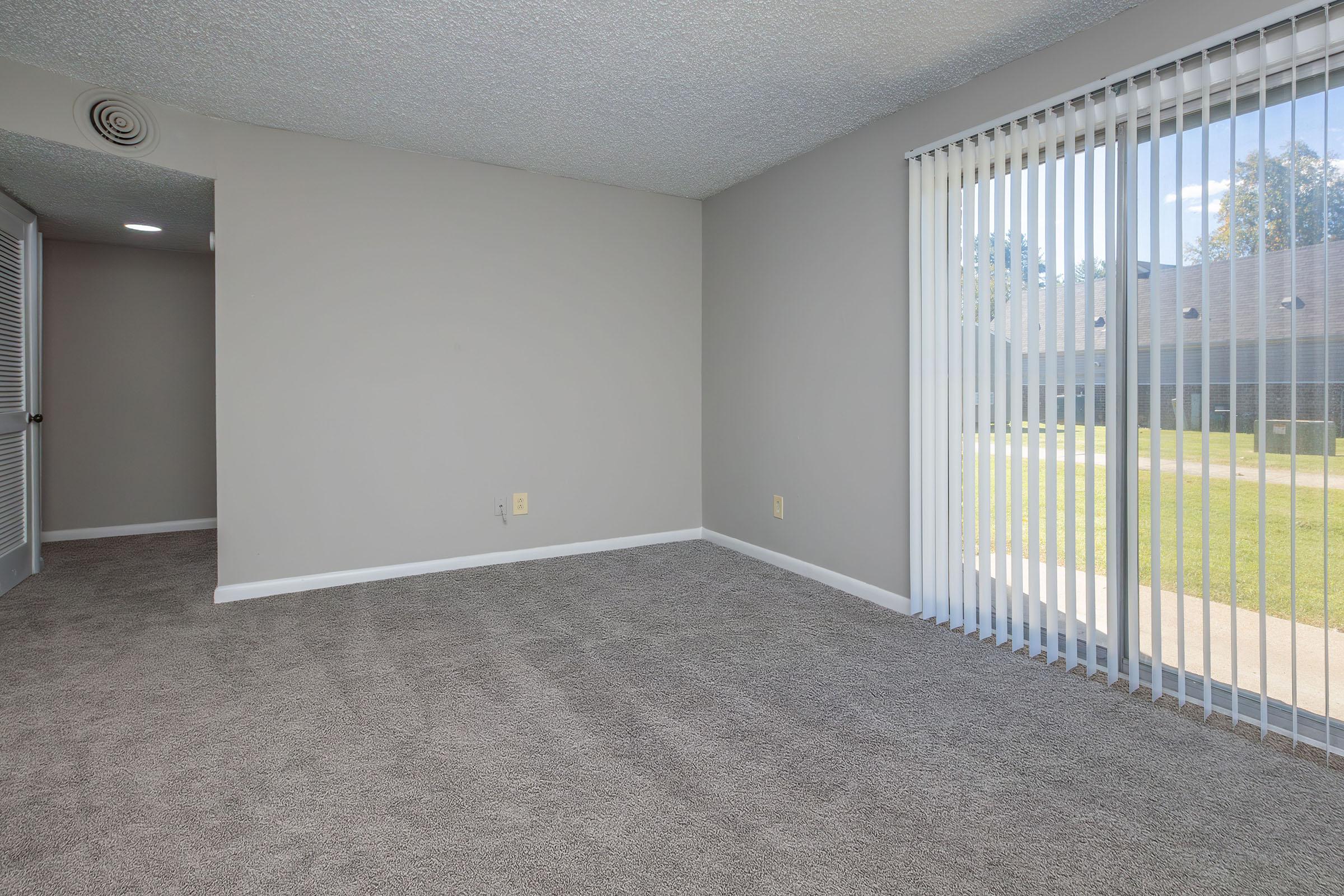 Empty room featuring light gray walls and new carpet. Large window with vertical blinds allows natural light in, providing a view of the outdoors. The space appears clean and modern, ideal for various furniture arrangements.
