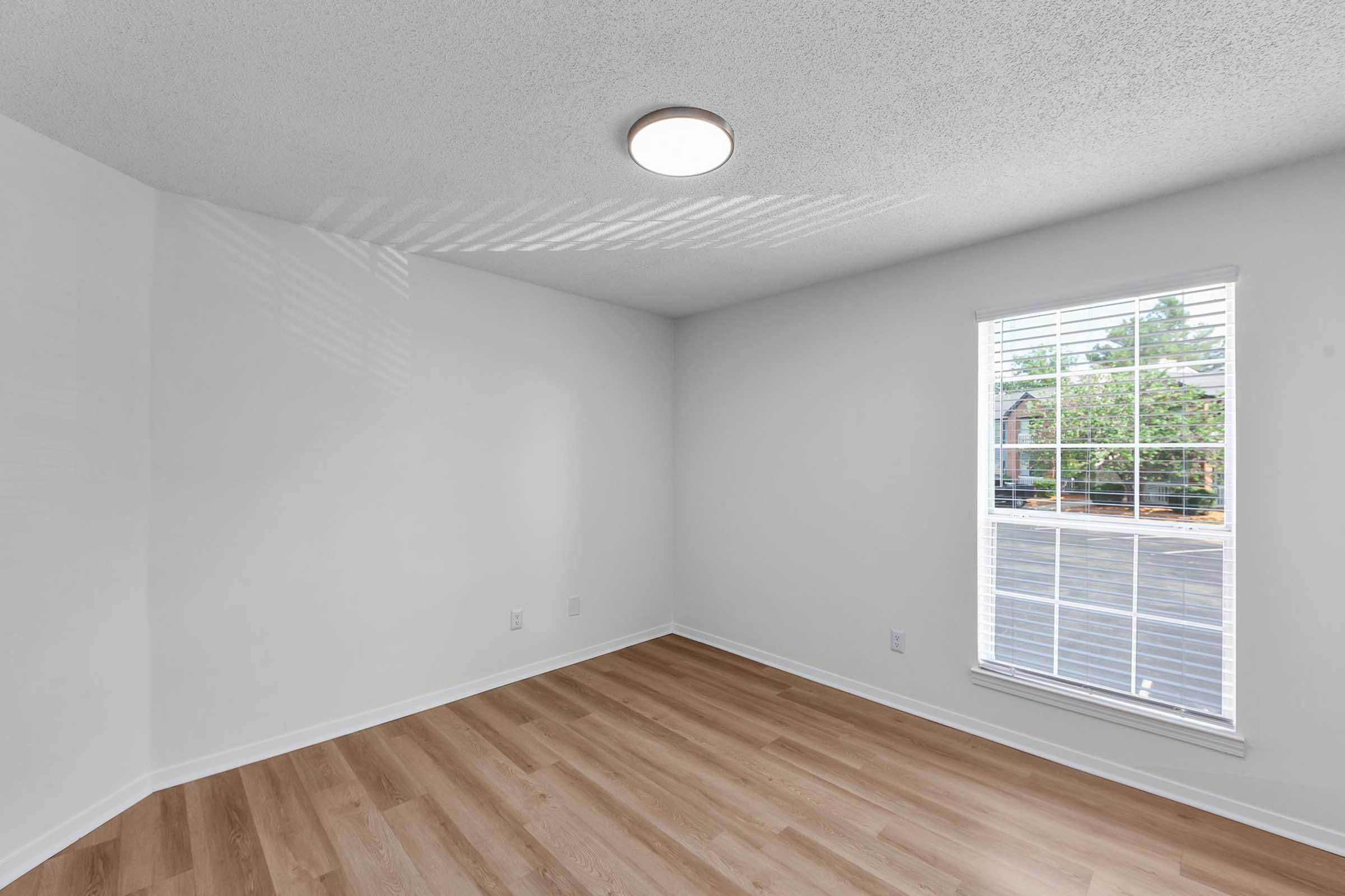Empty room with light-colored walls and wooden flooring. It features a large window with white blinds allowing natural light to enter, and a round ceiling light provides additional illumination. The room has a simple, modern aesthetic with no furniture or decorations.