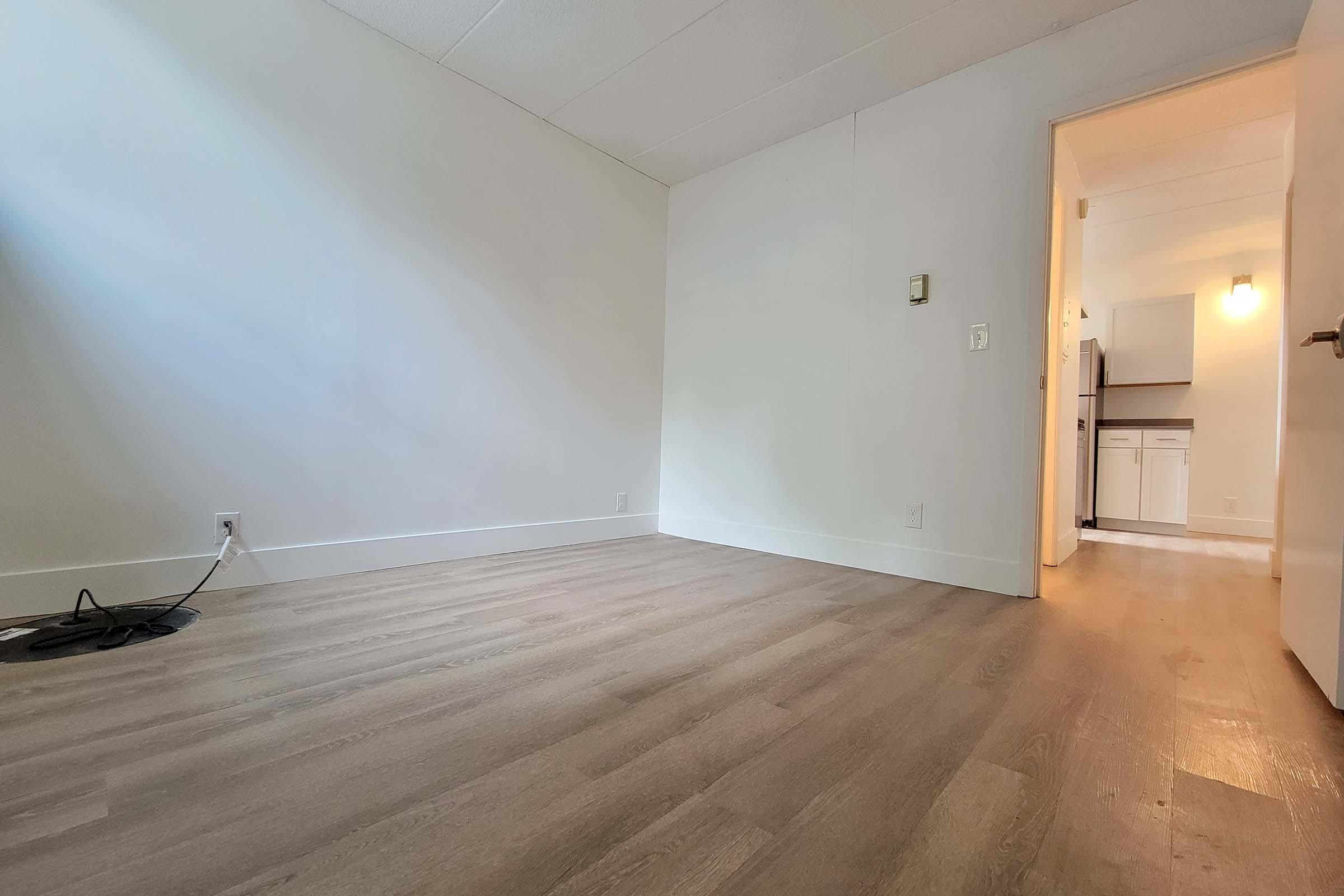 A spacious, empty room with light-colored walls and wooden flooring. There is a visible outlet on one wall and a doorway leading to a kitchen area in the background. The room has ample natural light coming from a window, creating a bright and airy atmosphere.