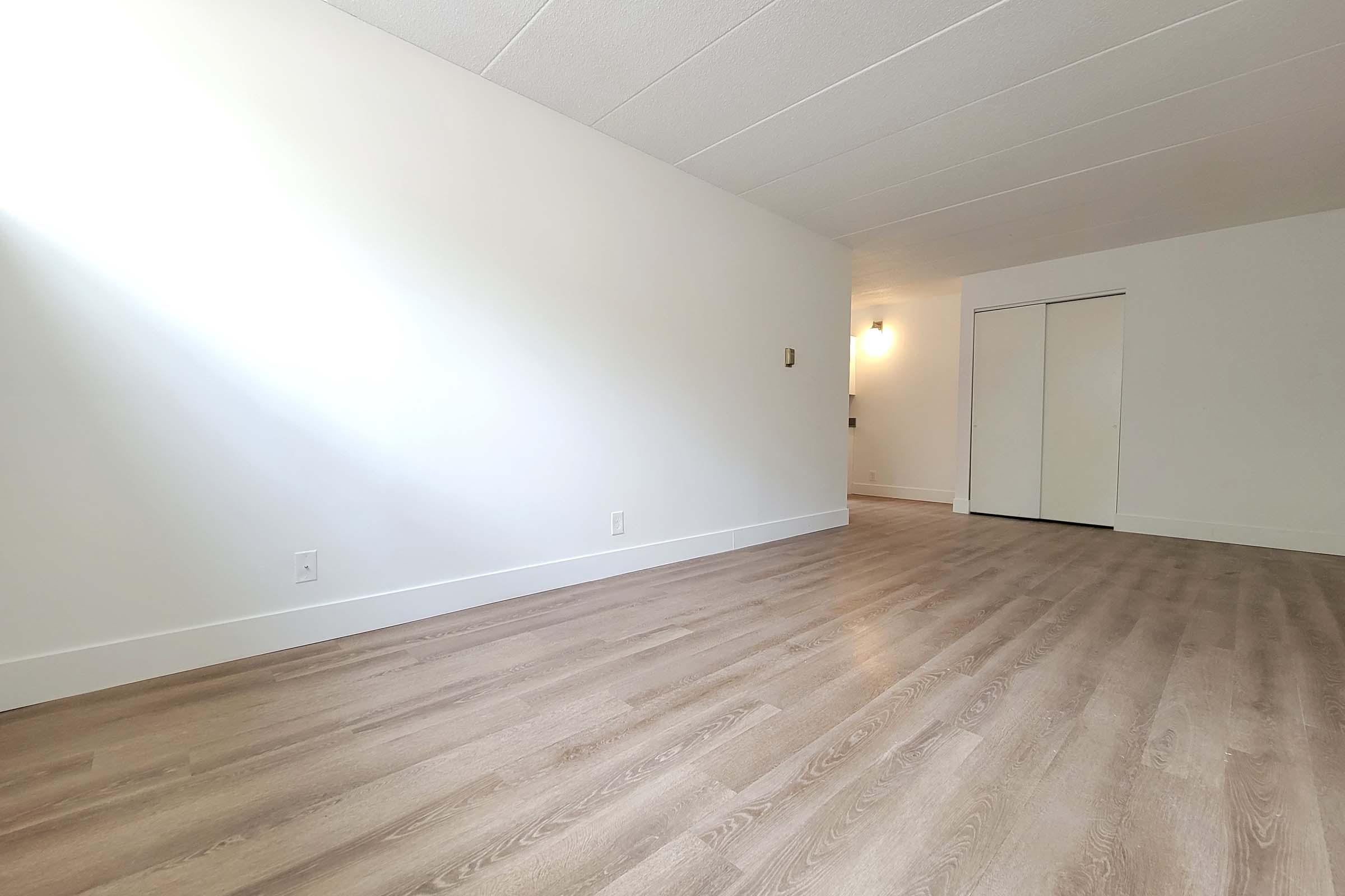 A spacious room with light-colored wooden flooring and white walls. One side of the room features a bright light source, and there is a closet with sliding doors on the far wall. The overall atmosphere is clean and modern, with minimal furniture or decor present.