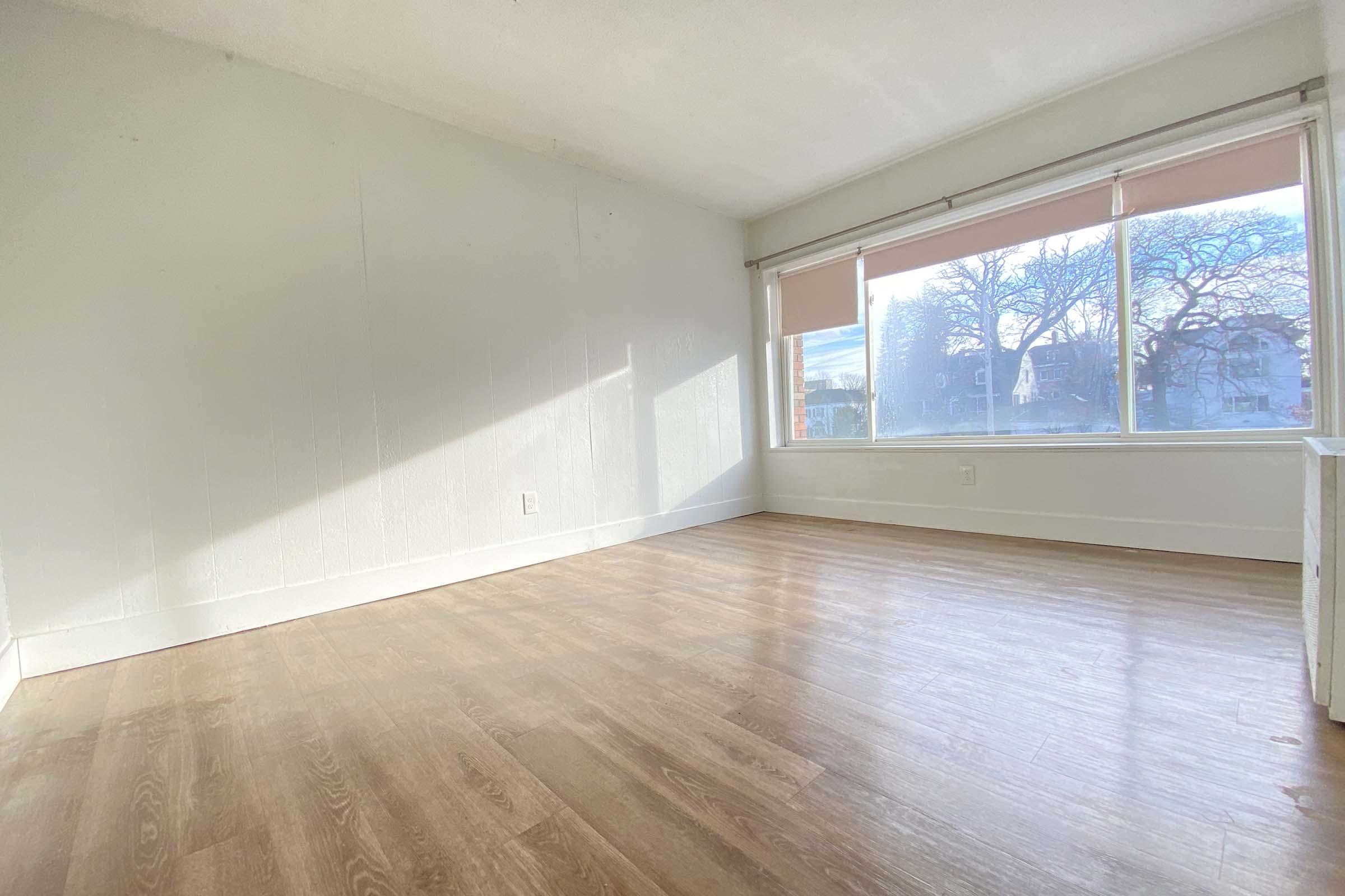 A bright, empty room with light-colored walls and a large window. Sunlight streams in through the window, illuminating the wooden floor. There are sheer blinds partially closed over the window, and no furniture is present, giving the space a feeling of openness and potential.