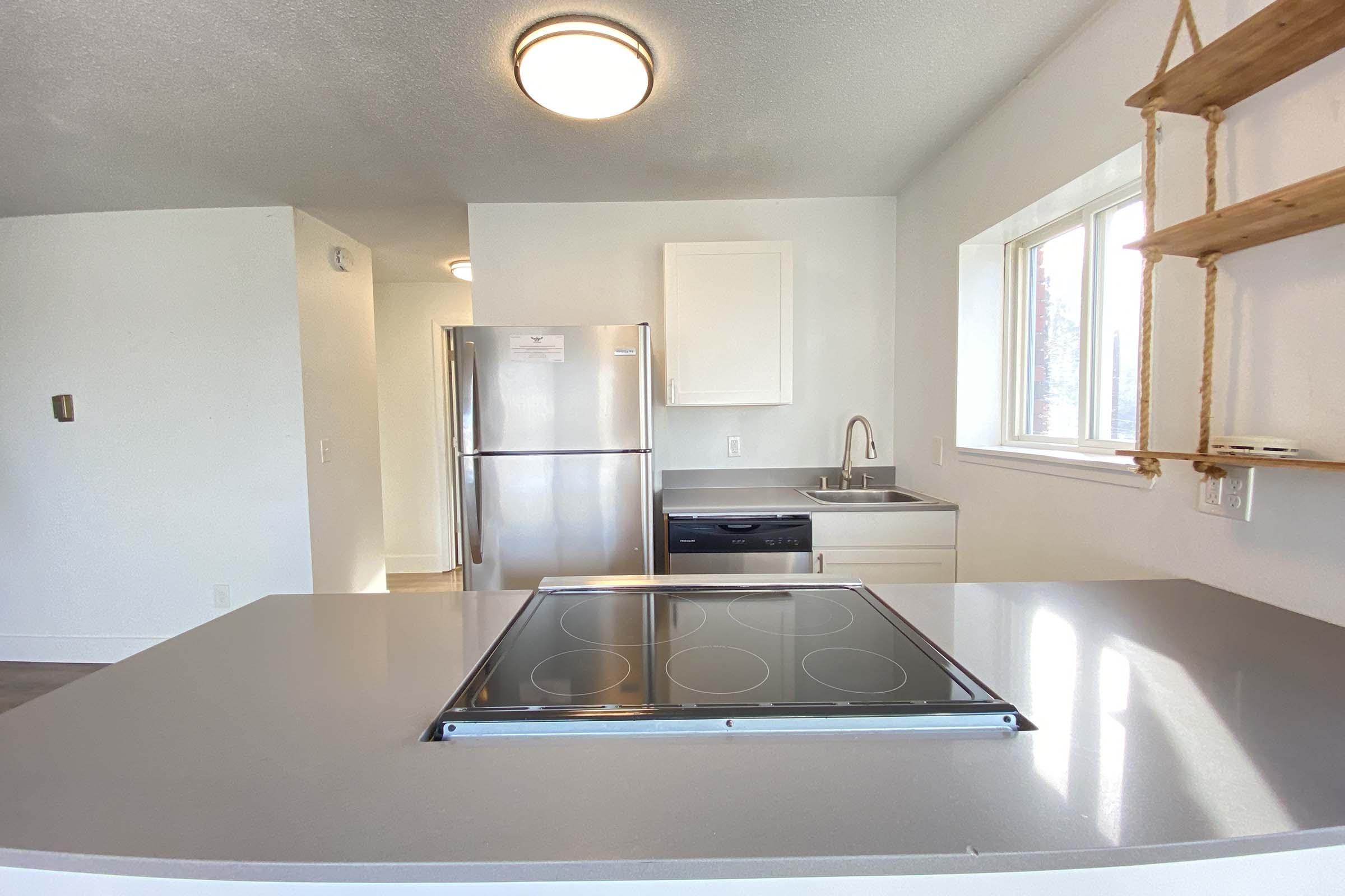 Modern kitchen featuring a stainless steel refrigerator, sink, and dishwasher against a white wall. A smooth countertop with an integrated cooktop is visible in the foreground. Natural light streams through a window, illuminating the sleek cabinetry and minimalistic decor.