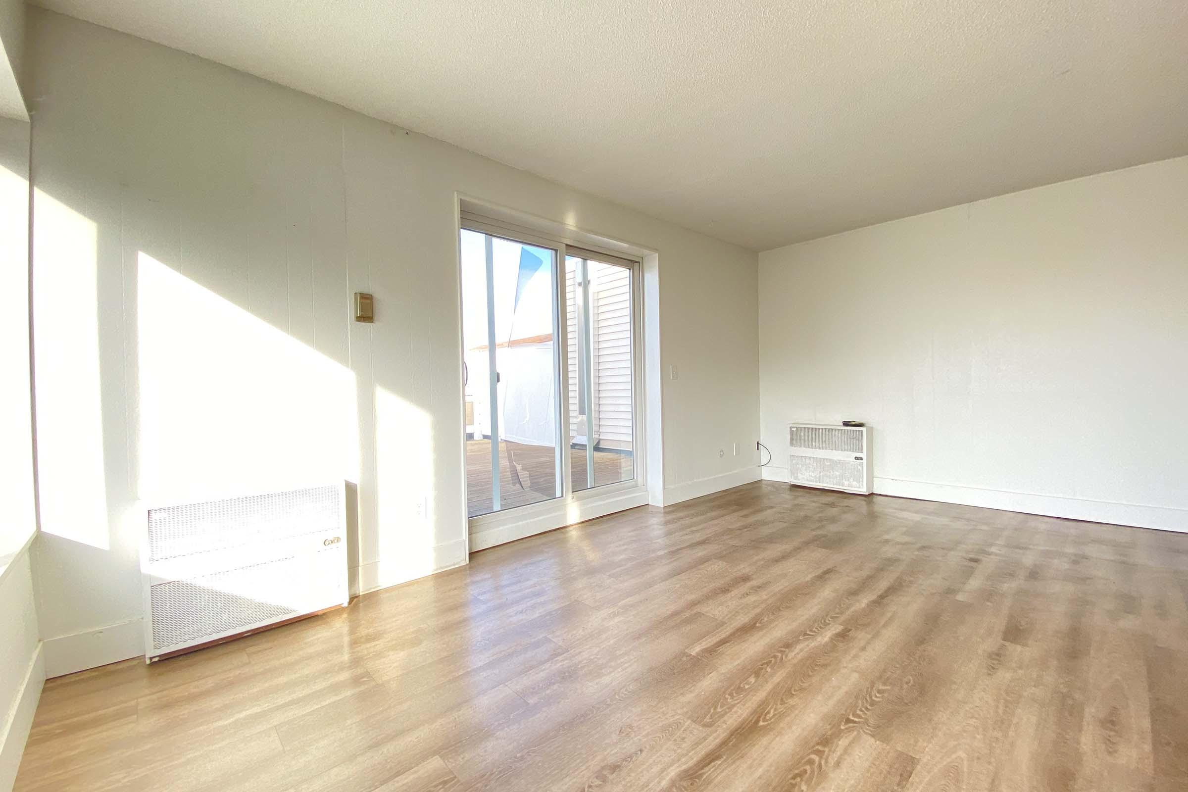 A spacious, empty room with light-colored walls and a large sliding glass door that leads to a deck. The floor is made of light wood, and there are two heating units on opposite walls. Natural light is streaming in through the door, creating a bright and airy atmosphere.