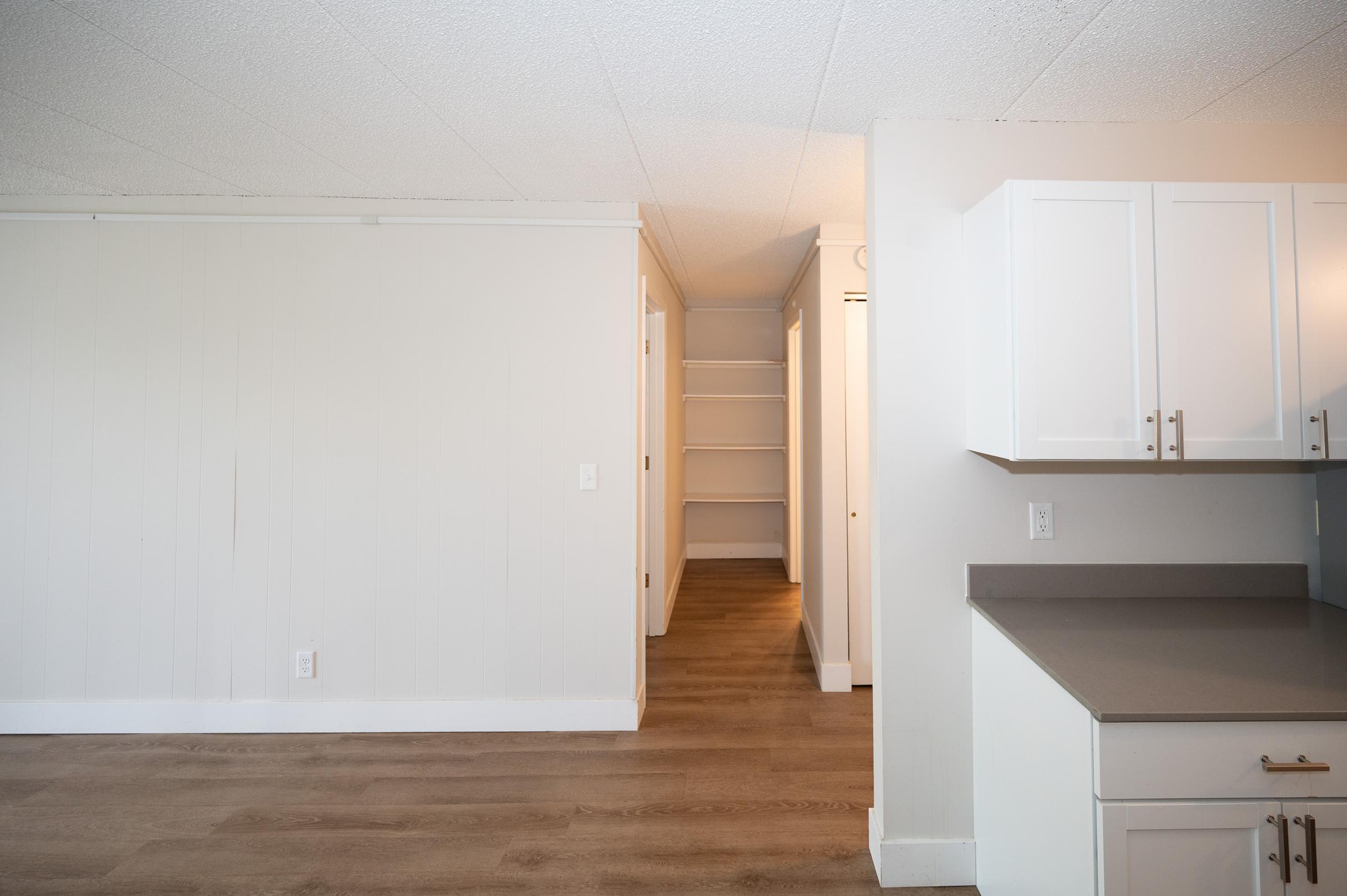 A well-lit, spacious interior of an apartment featuring a kitchen area on the right with white cabinets and gray countertops. In the background, there is a hallway leading to a closet and additional rooms. The walls are painted light gray, and modern laminate flooring extends throughout the space.