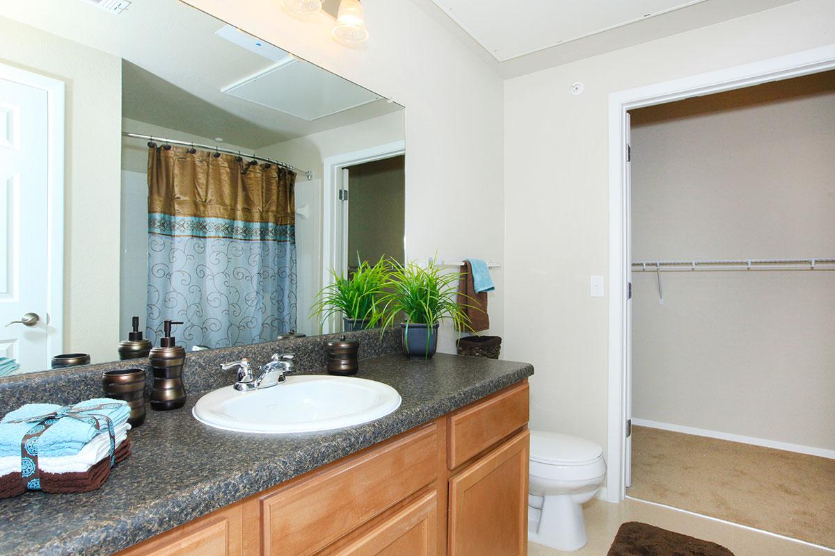 a kitchen with a sink and a mirror