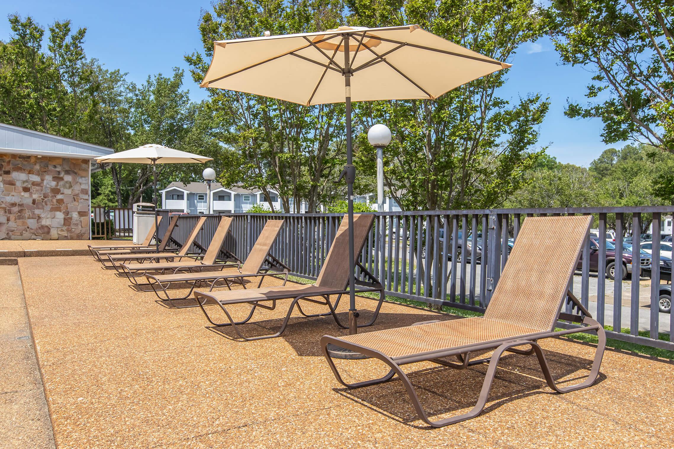 Empty lounge chairs with tan fabric and metal frames arranged neatly under large umbrellas. The scene is set on a sunny day with a clear blue sky, surrounded by green trees and a view of parked cars in the background.