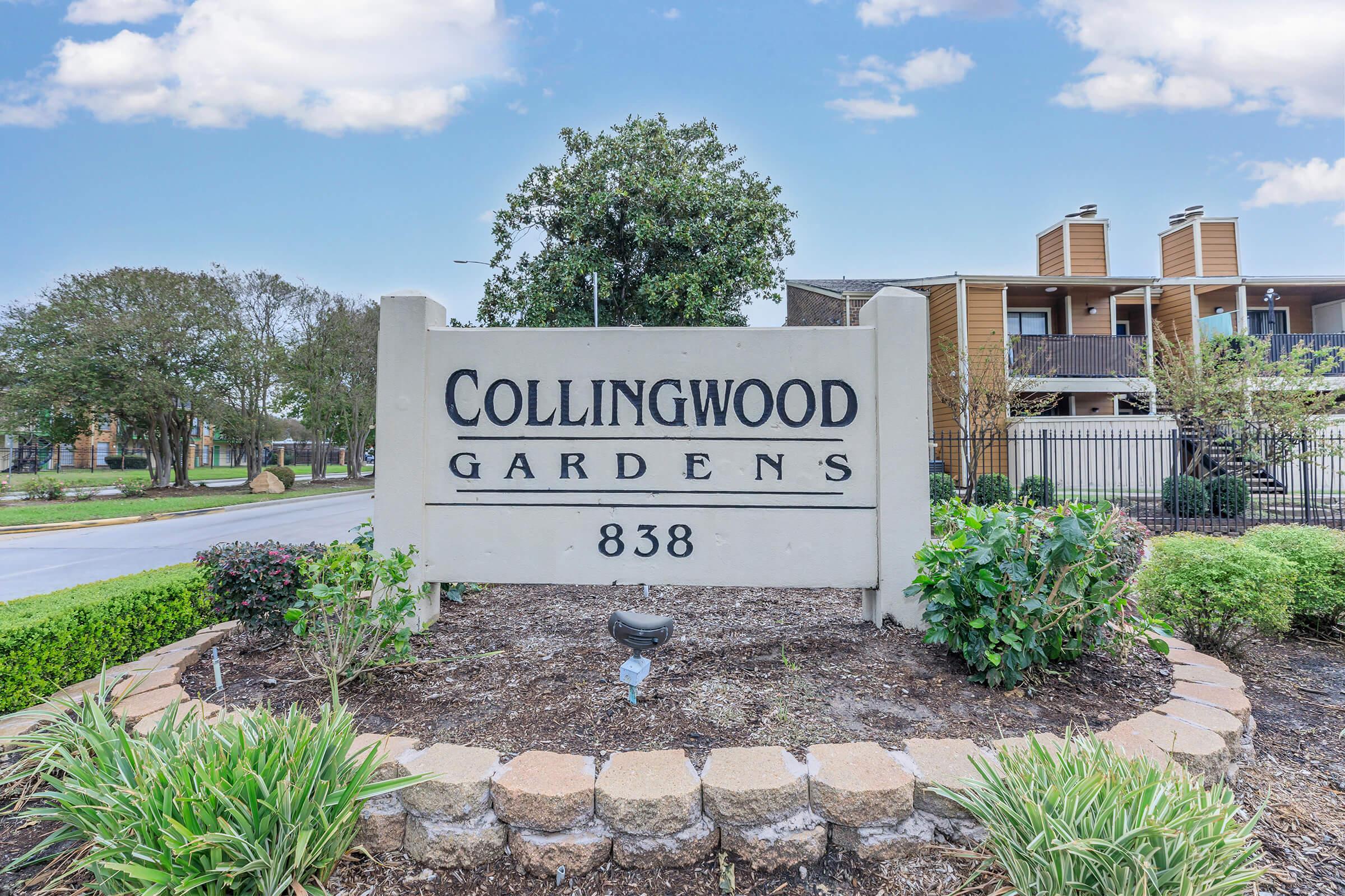 Sign for Collingwood Gardens with the address "838," surrounded by landscaped greenery. The background features residential buildings under a clear blue sky.