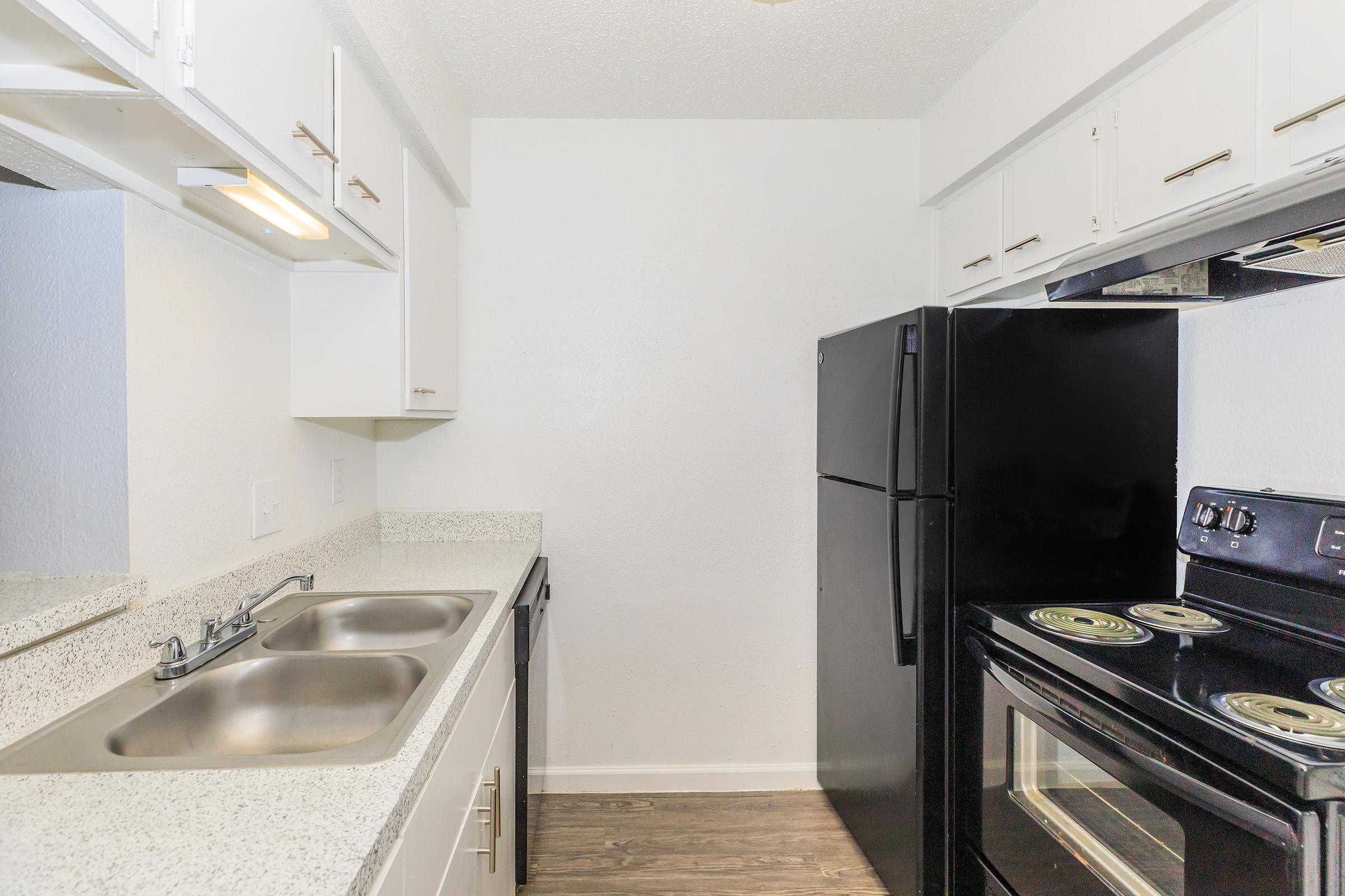 A modern kitchen featuring a black refrigerator and an electric stove with four burners. The countertops are light gray granite, complemented by white cabinetry. There are dual stainless steel sinks with a sleek faucet. The walls are painted in a neutral shade, contributing to a clean and contemporary look.