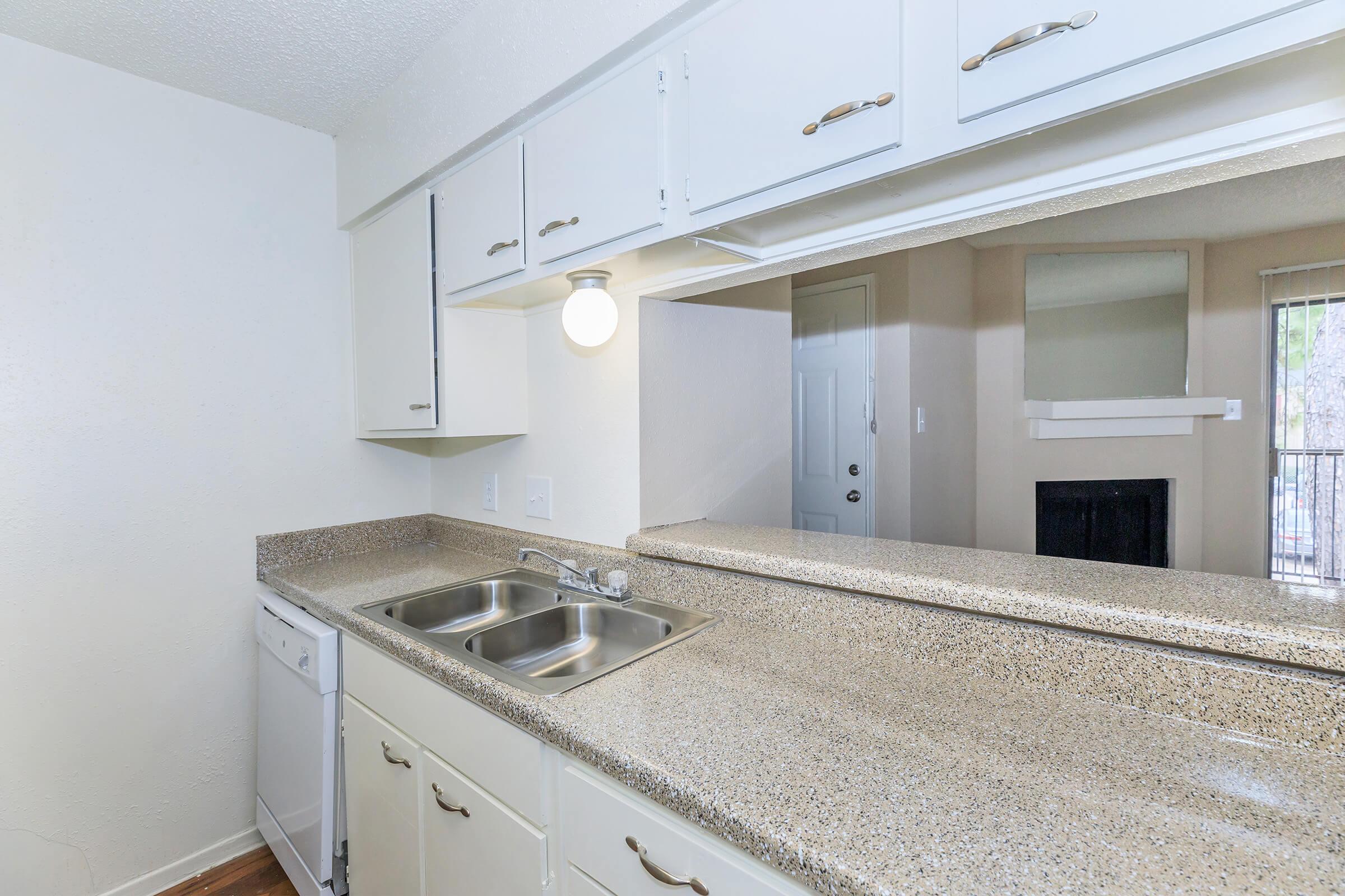 A modern kitchen featuring a double sink, dishwasher, and light-colored cabinets. The countertop is made of a speckled material, and in the background, a living area is visible with a fireplace and sliding door leading to an outdoor space. The overall aesthetics are bright and inviting.