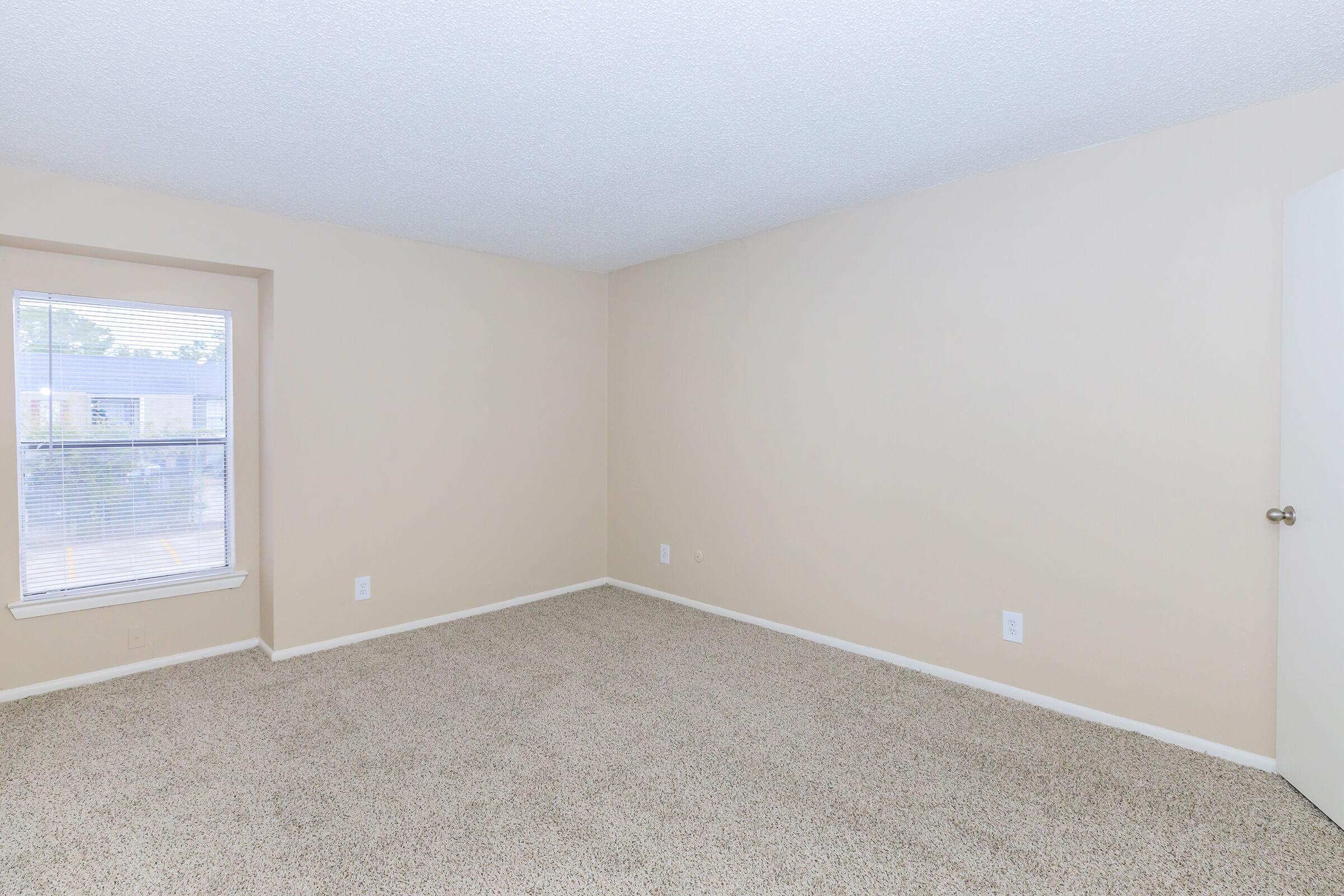 Empty room with beige walls and carpeted floor. A single window on the left allows natural light, while a closed white door is visible on the right. The space is open and unfurnished, offering a clean and simple aesthetic.